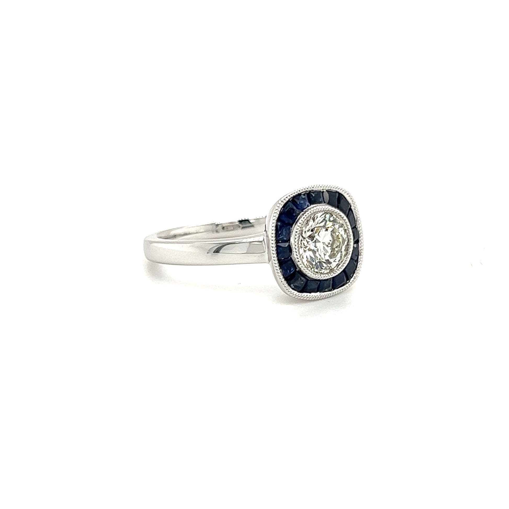 Brilliant Diamond Ring with Sapphire Halo in 18K White Gold Left Side View