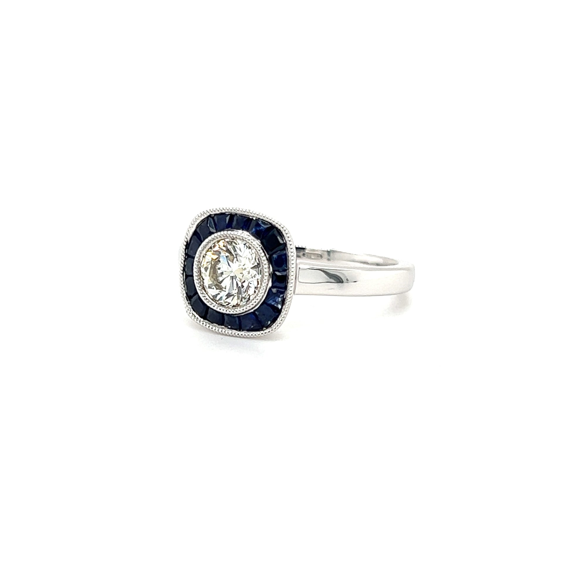 Brilliant Diamond Ring with Sapphire Halo in 18K White Gold Right Side View