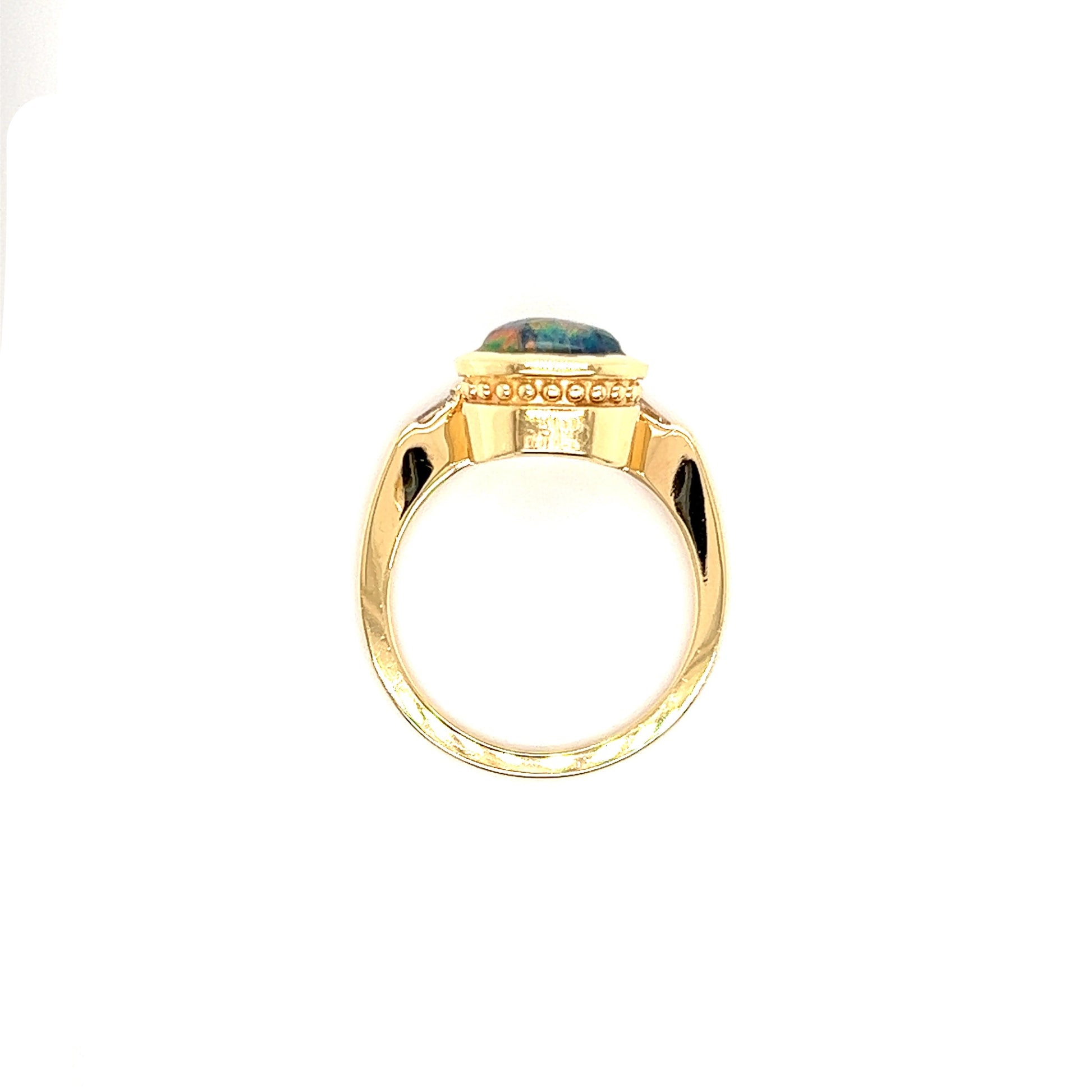 Black Opal Ring with Seven Side Diamonds in 14K Yellow Gold Top View