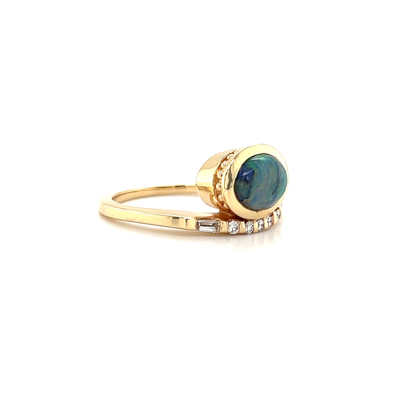 Black Opal Ring with Seven Side Diamonds in 14K Yellow Gold Left Side View