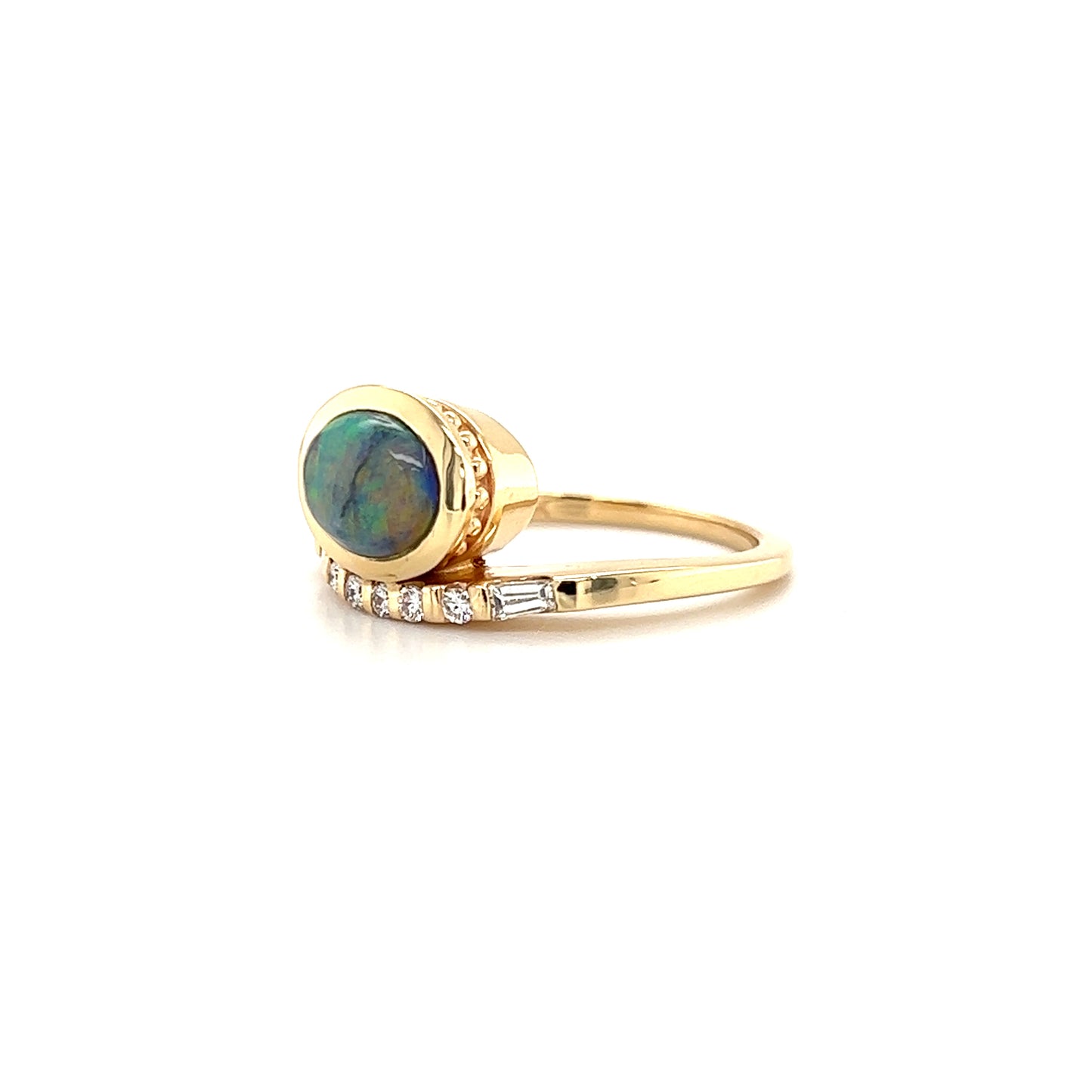 Black Opal Ring with Seven Side Diamonds in 14K Yellow Gold Right Side View
