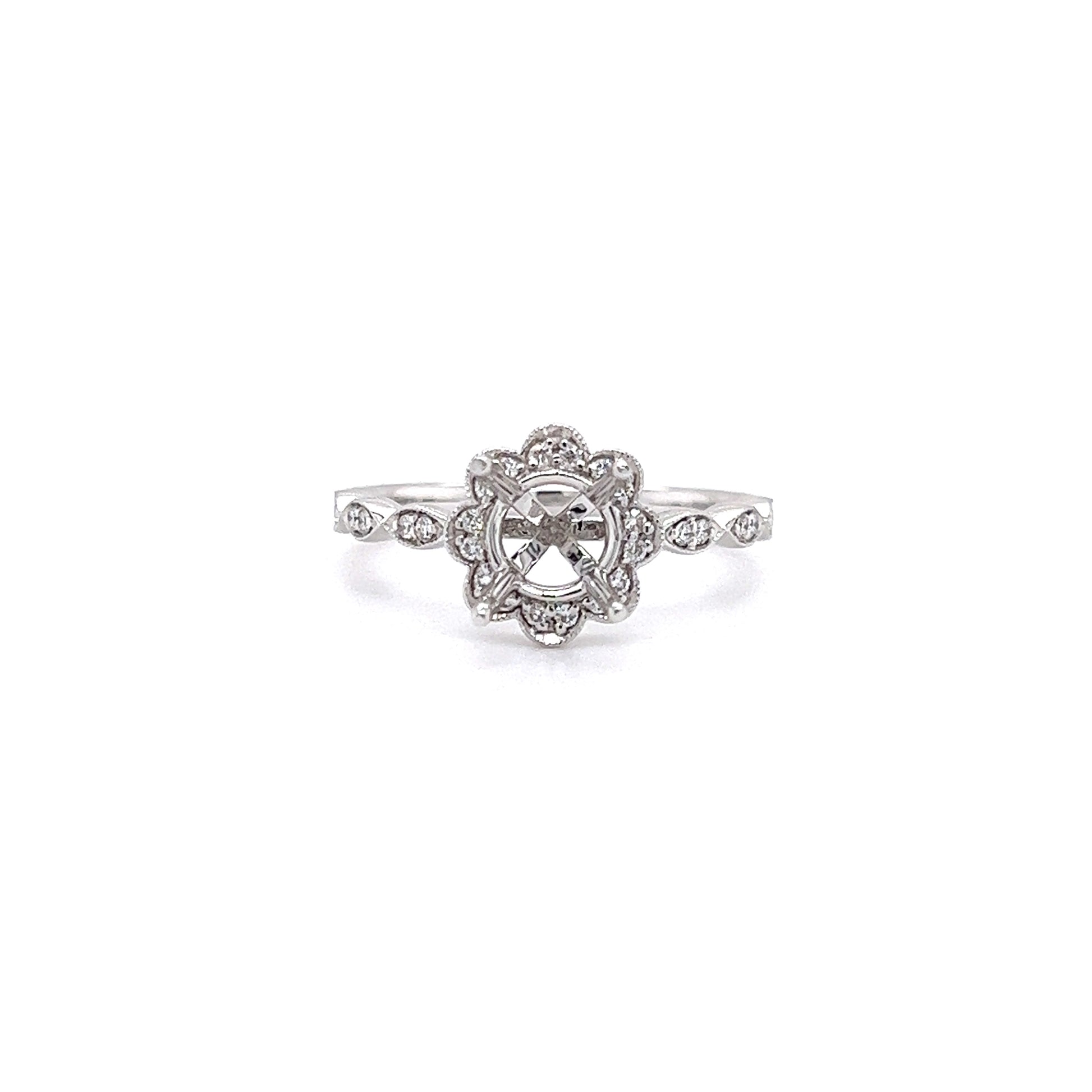 Diamond Ring Setting with Floral Diamond Halo in 14K White Gold Front View