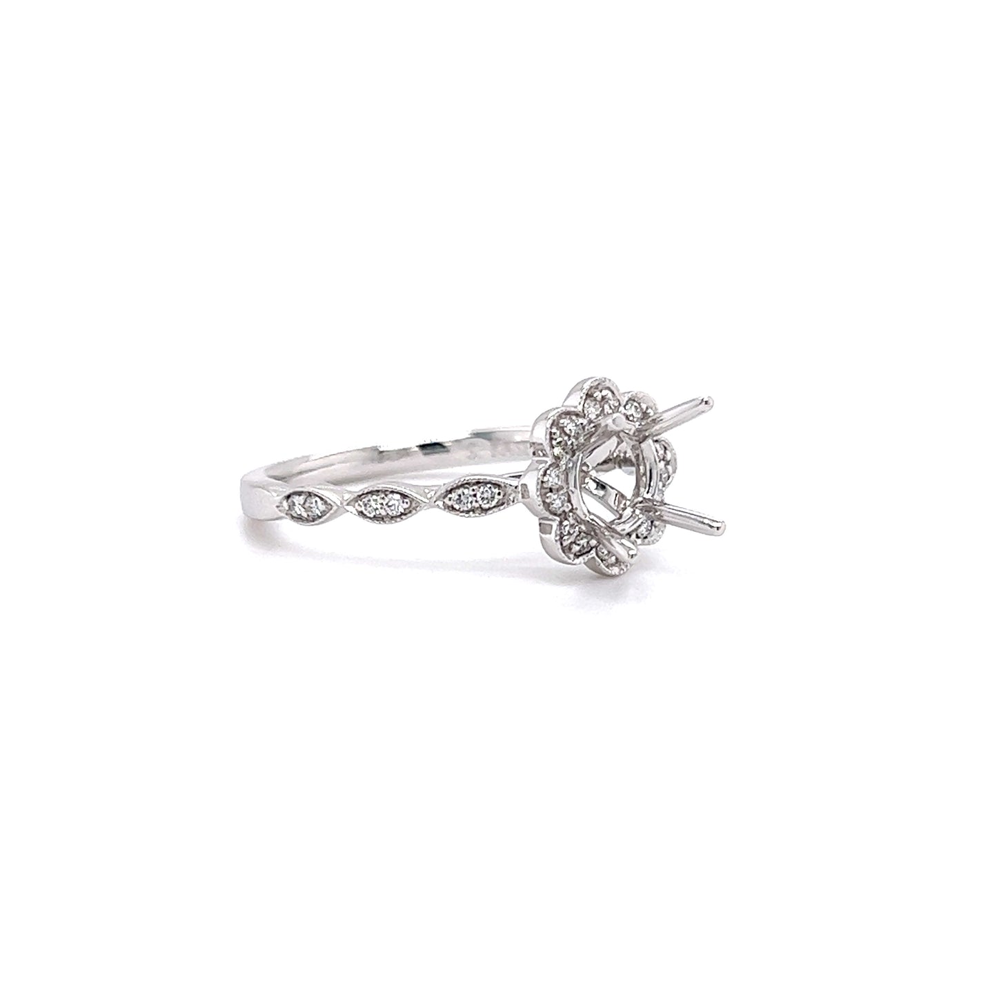 Diamond Ring Setting with Floral Diamond Halo in 14K White Gold Left Side View