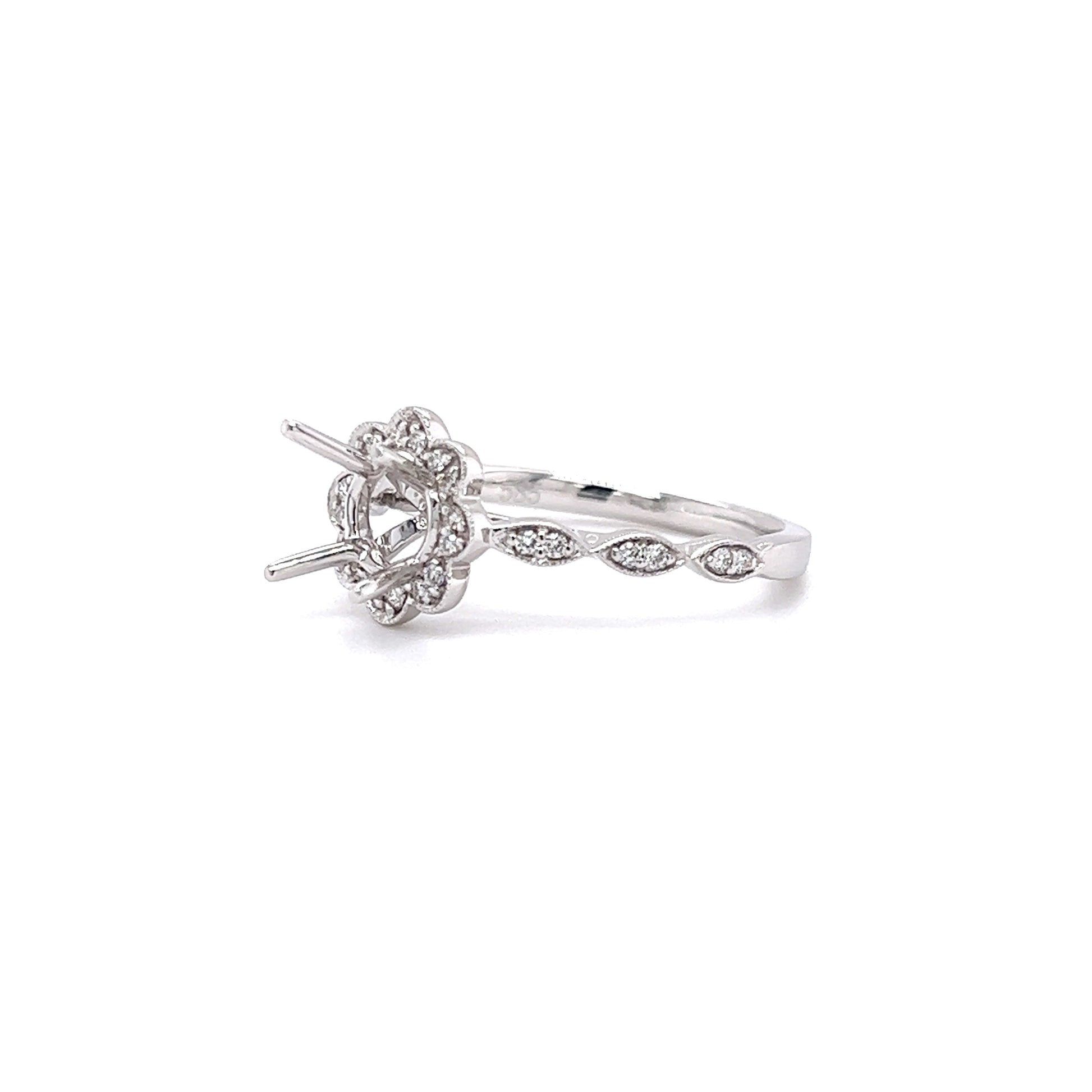 Diamond Ring Setting with Floral Diamond Halo in 14K White Gold Right Side View