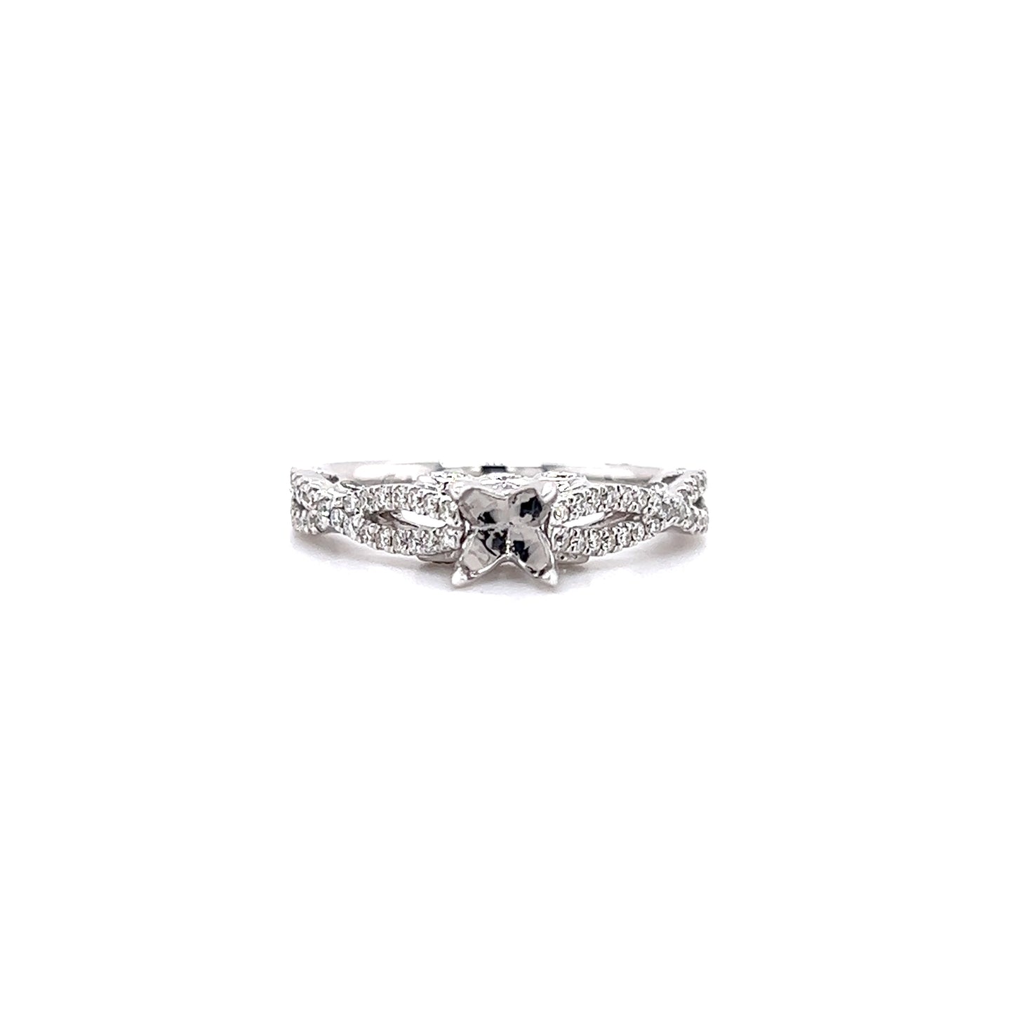 Diamond Ring Setting With Twisted Split Shank in 14K White Gold Front View 2