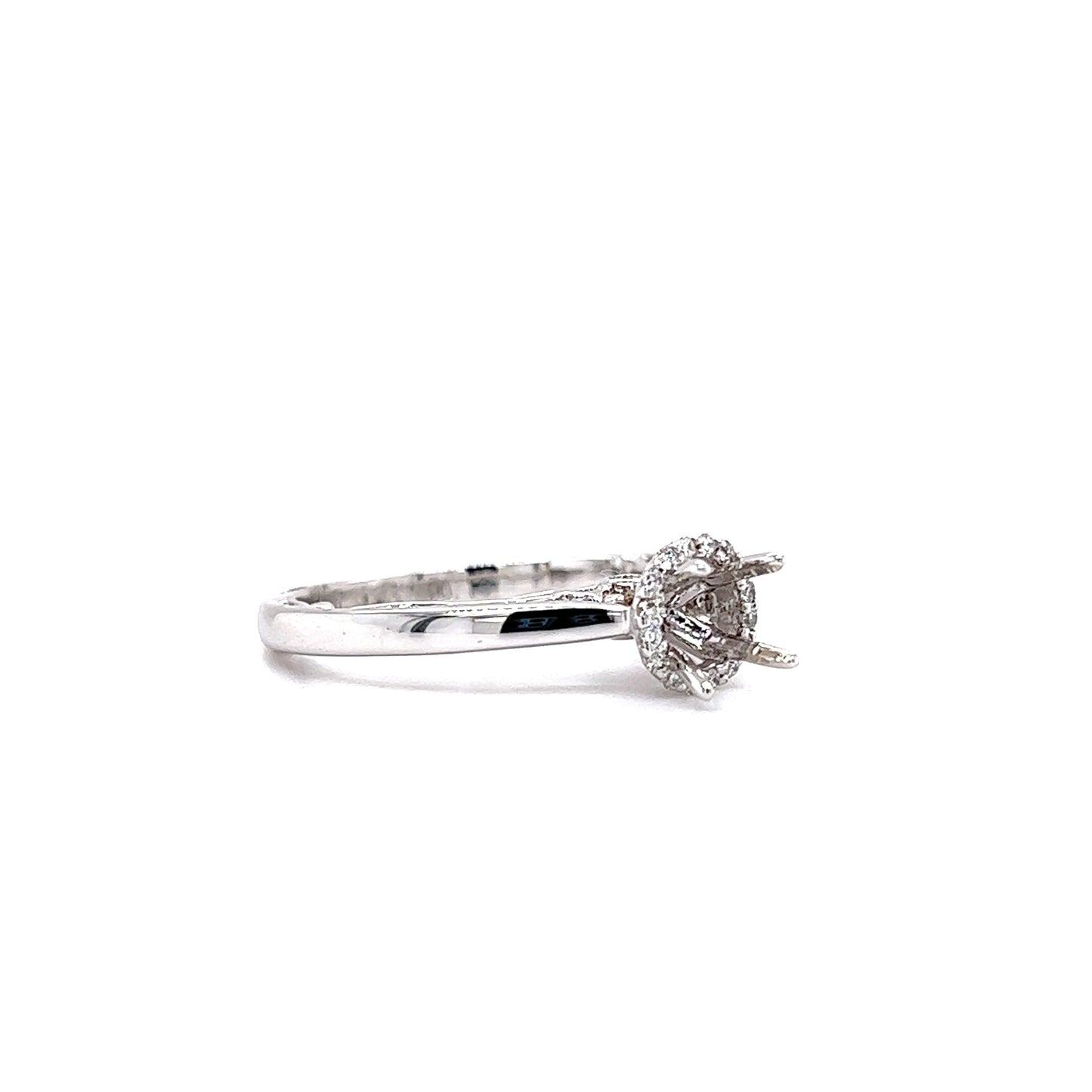 Filigree Cathedral Ring Setting with Diamond Halo in 14K White Gold Left Side View