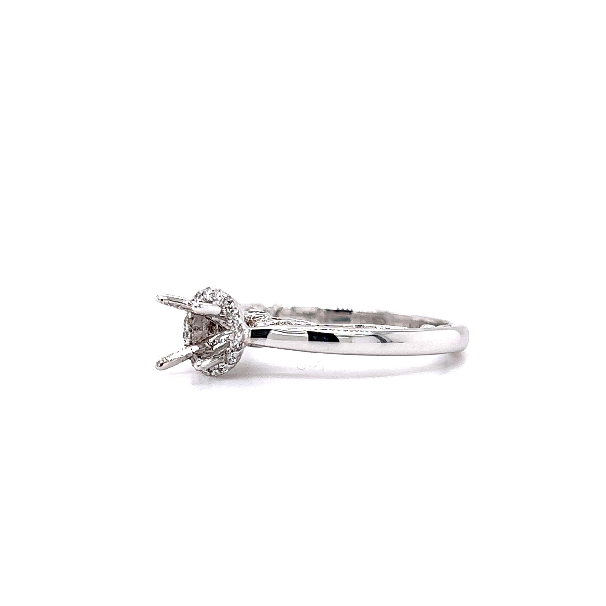 Filigree Cathedral Ring Setting with Diamond Halo in 14K White Gold Right Side View