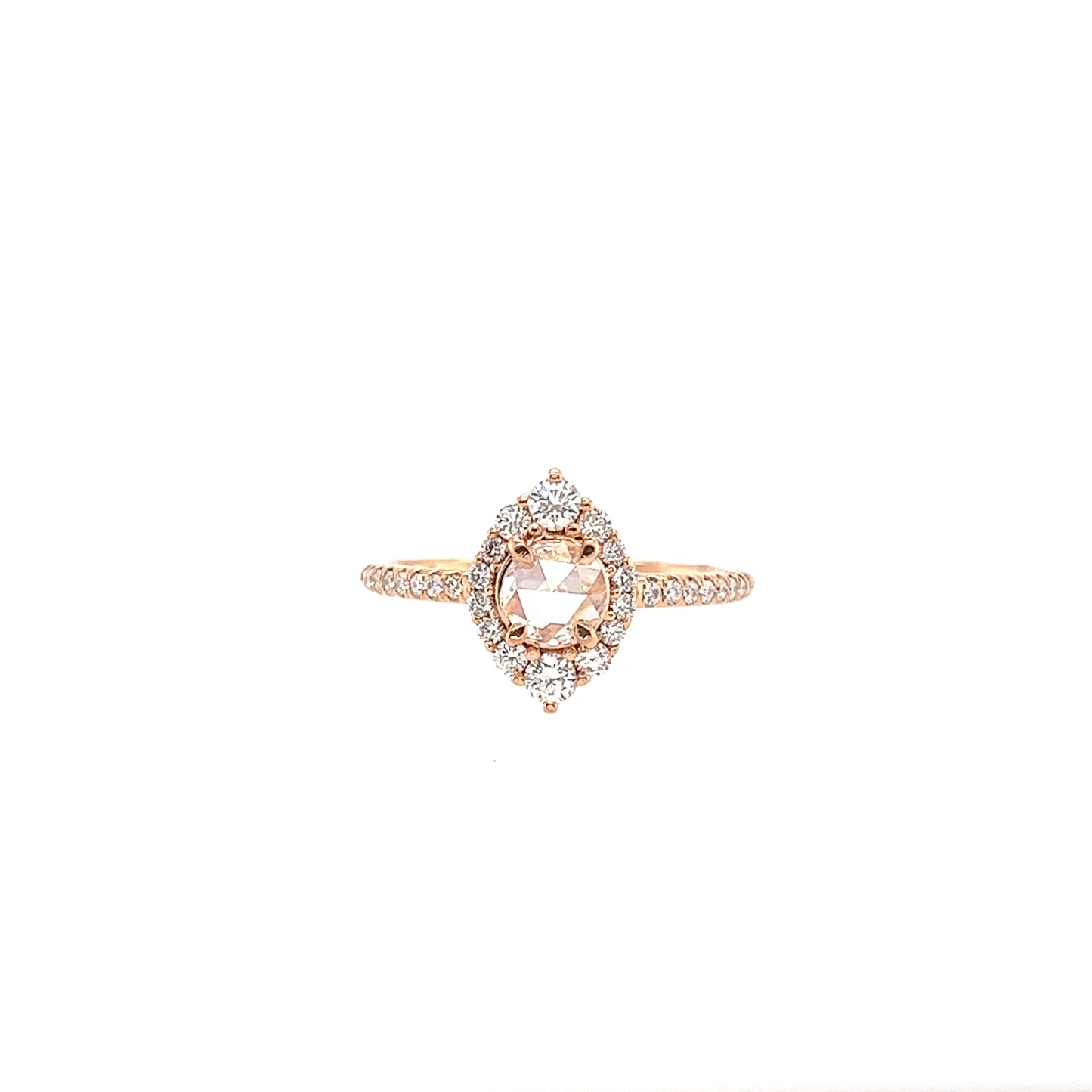 Pink Diamond Ring with Thirty-Two Side Diamonds in 18K Rose Gold Top View Alternative