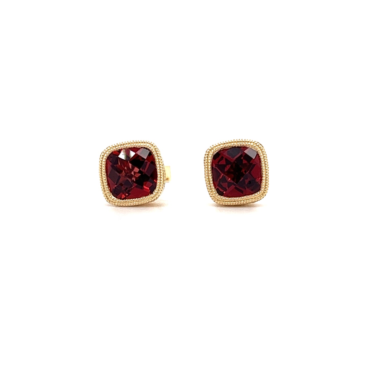 Garnet Stud Earrings with Milgrain and Filigree in 14K Yellow Gold Front View