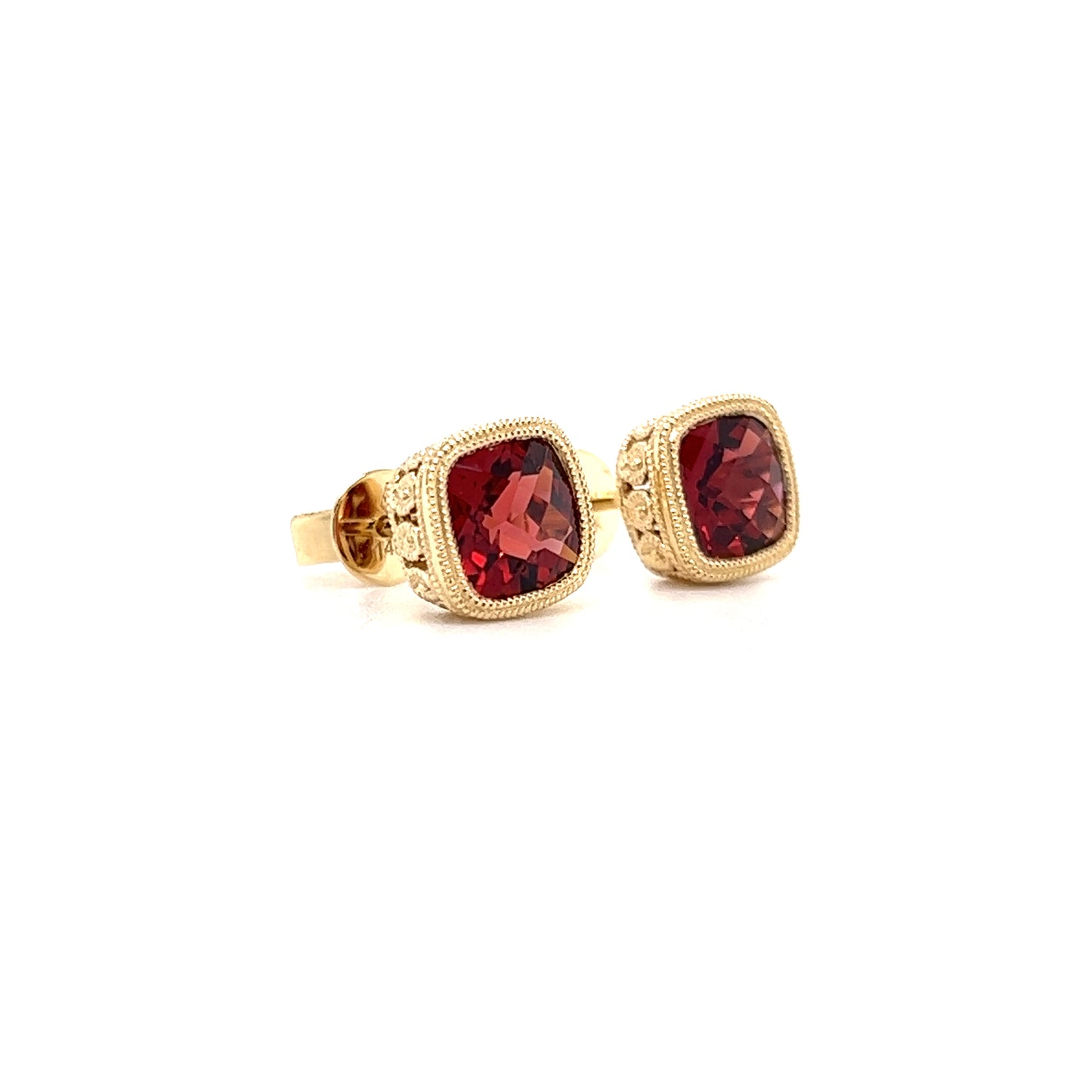 Garnet Stud Earrings with Milgrain and Filigree in 14K Yellow Gold Left Side View