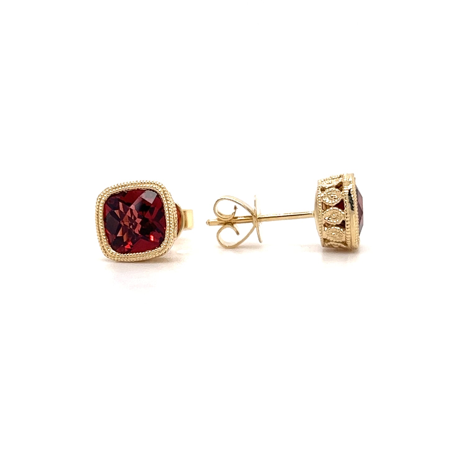 Garnet Stud Earrings with Milgrain and Filigree in 14K Yellow Gold Front and Side View