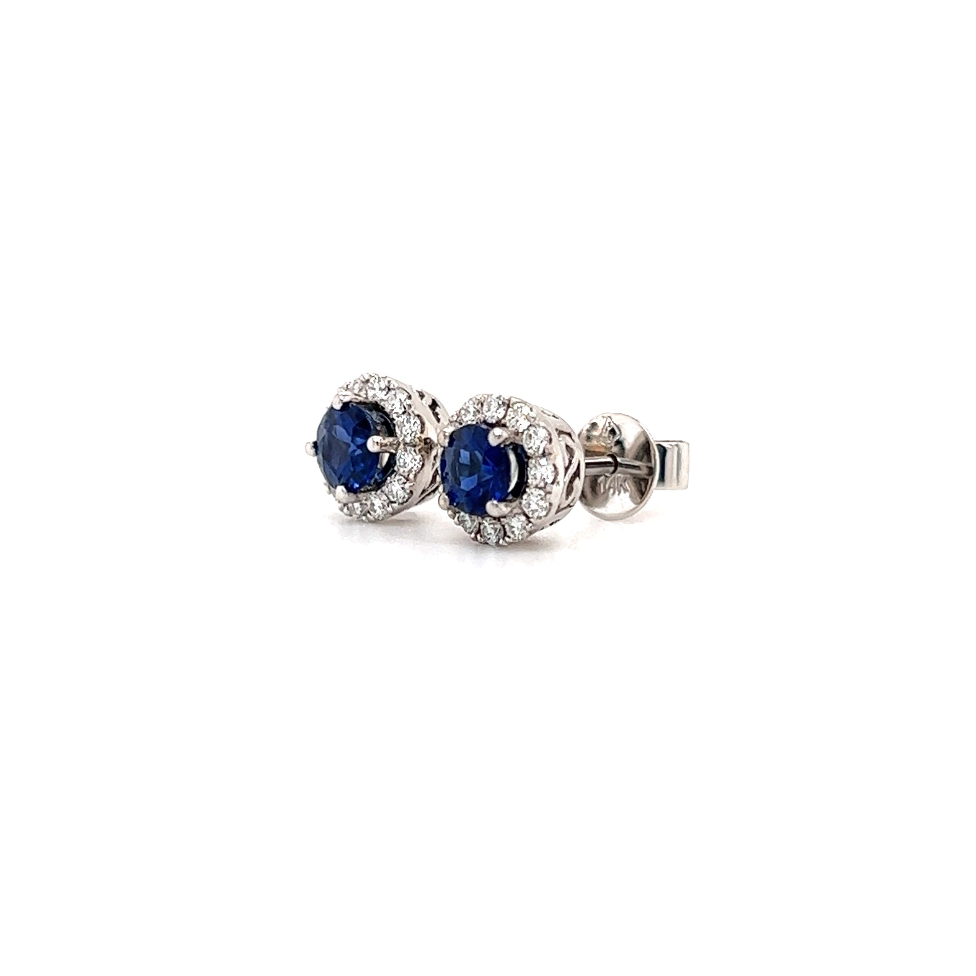 Blue Sapphire Stud Earrings with Diamond Halo in 14K White Gold Right Side View