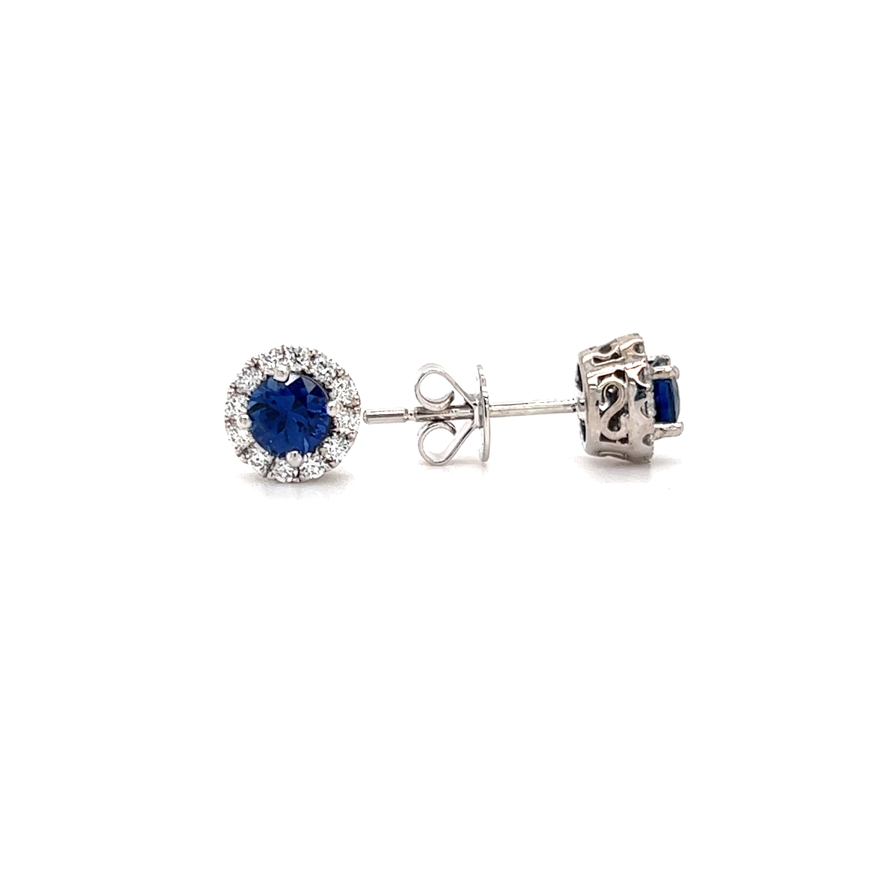 Blue Sapphire Stud Earrings with Diamond Halo in 14K White Gold