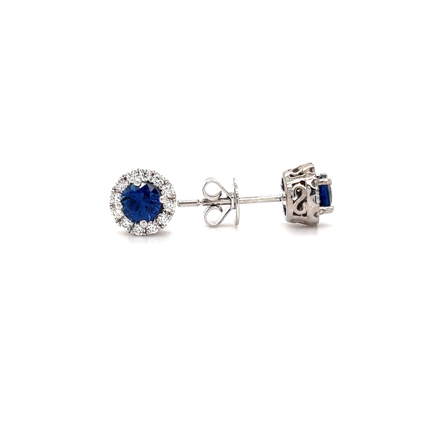 Blue Sapphire Stud Earrings with Diamond Halo in 14K White Gold Front and Side View