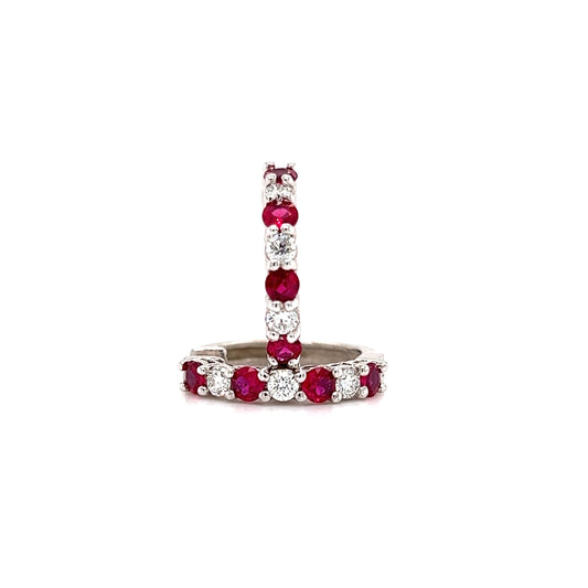 Ruby Hoop Earrings with Six Round Diamonds in 14K White Gold Front View Alternative