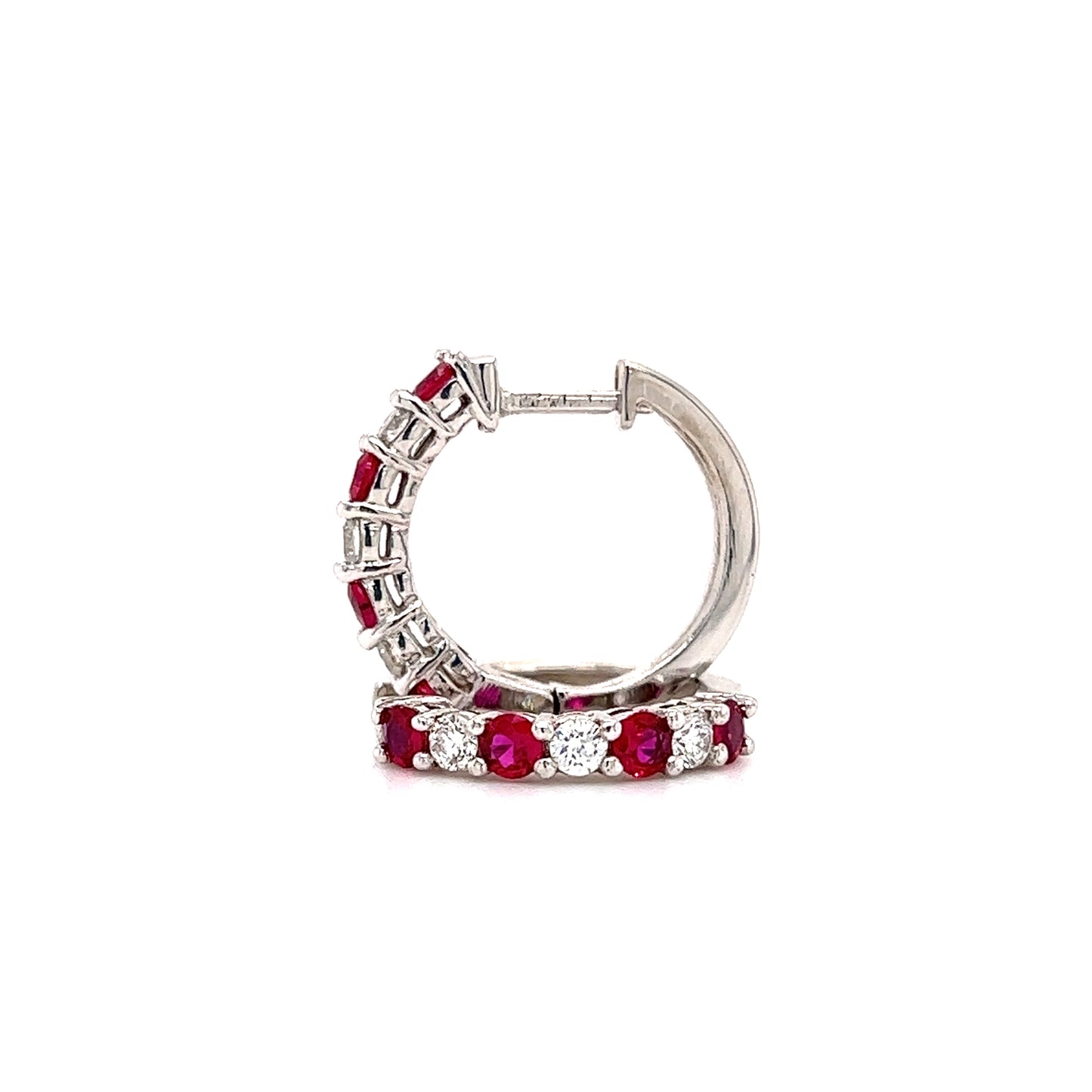 Ruby Hoop Earrings with Six Round Diamonds in 14K White Gold Front and Side View