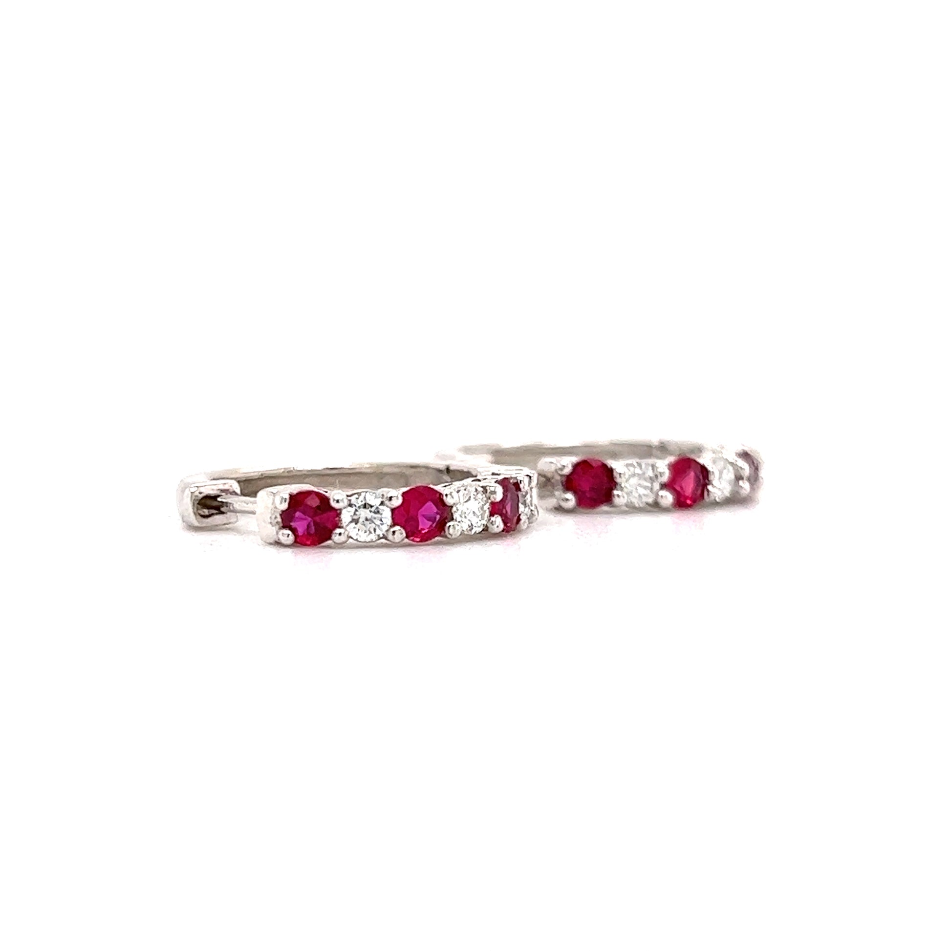 Ruby Hoop Earrings with Six Round Diamonds in 14K White Gold Left Side View