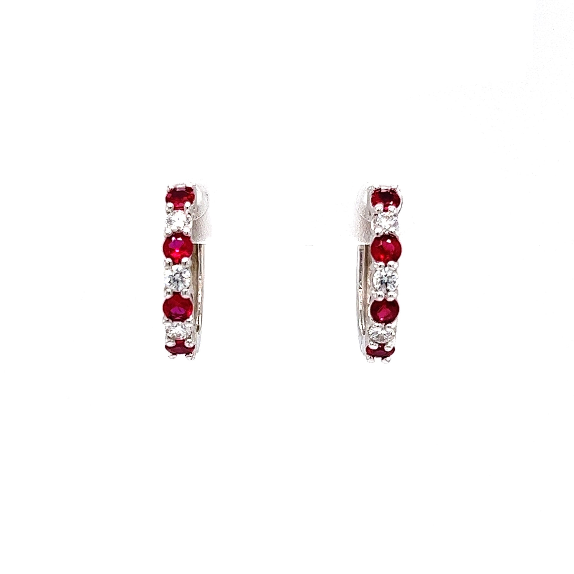 Ruby Hoop Earrings with Six Round Diamonds in 14K White Gold Front Hanging View