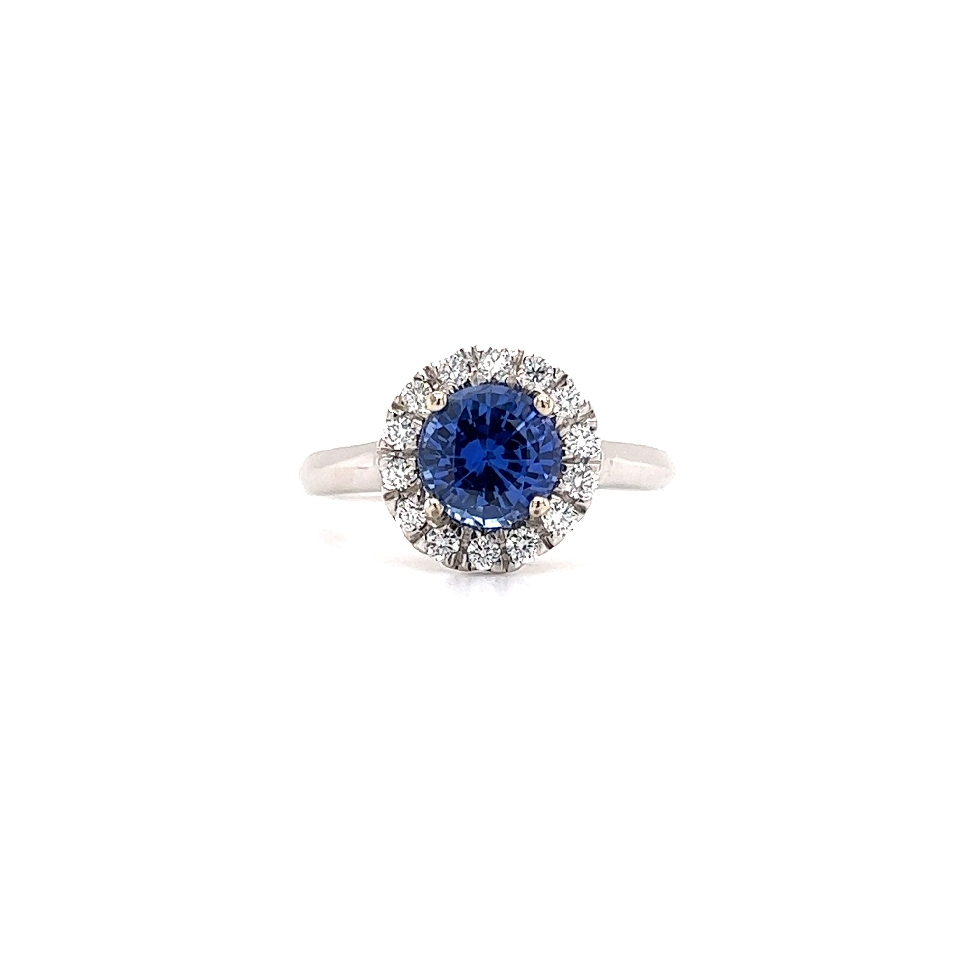 Round Sapphire Ring with Diamond Halo in 14K White Gold Front View