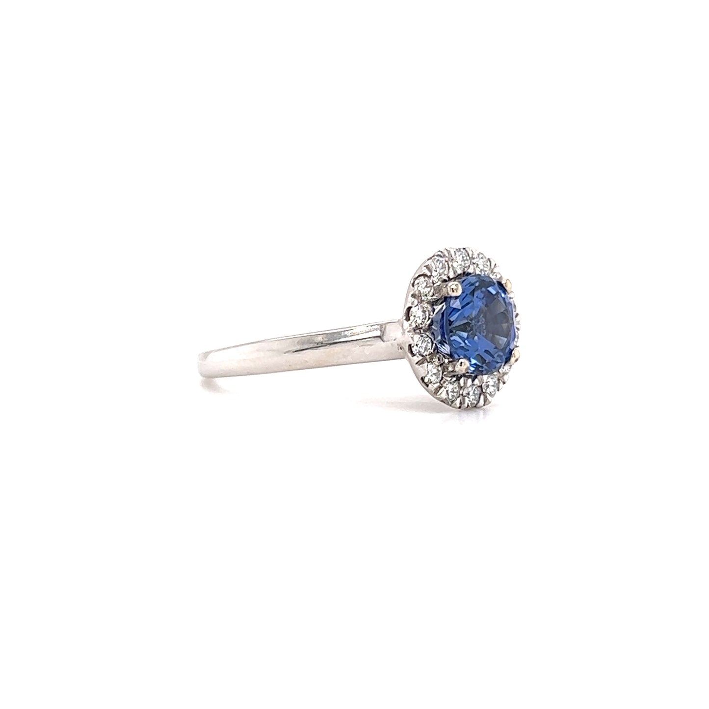Round Sapphire Ring with Diamond Halo in 14K White Gold Left Side View