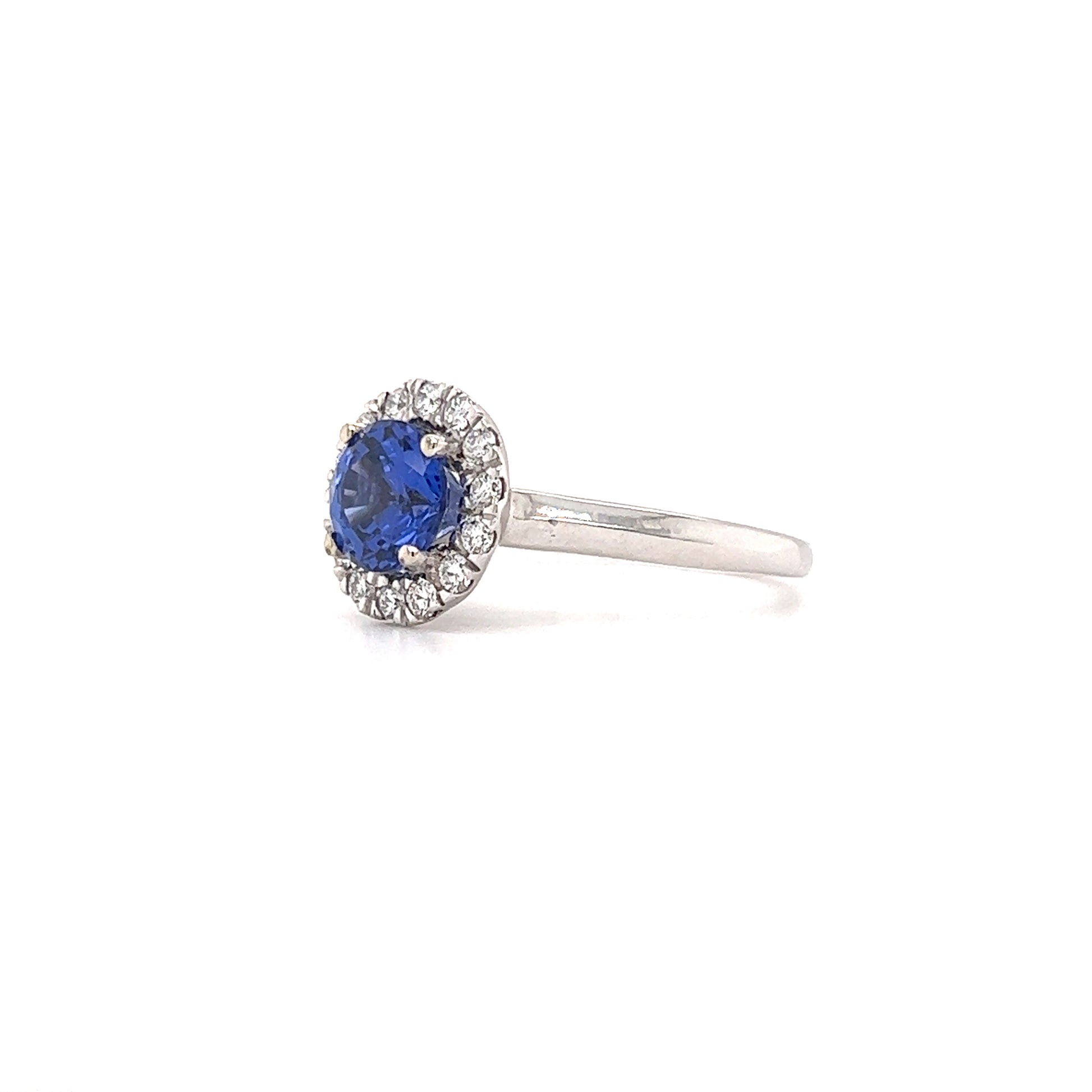 Round Sapphire Ring with Diamond Halo in 14K White Gold Right Side View