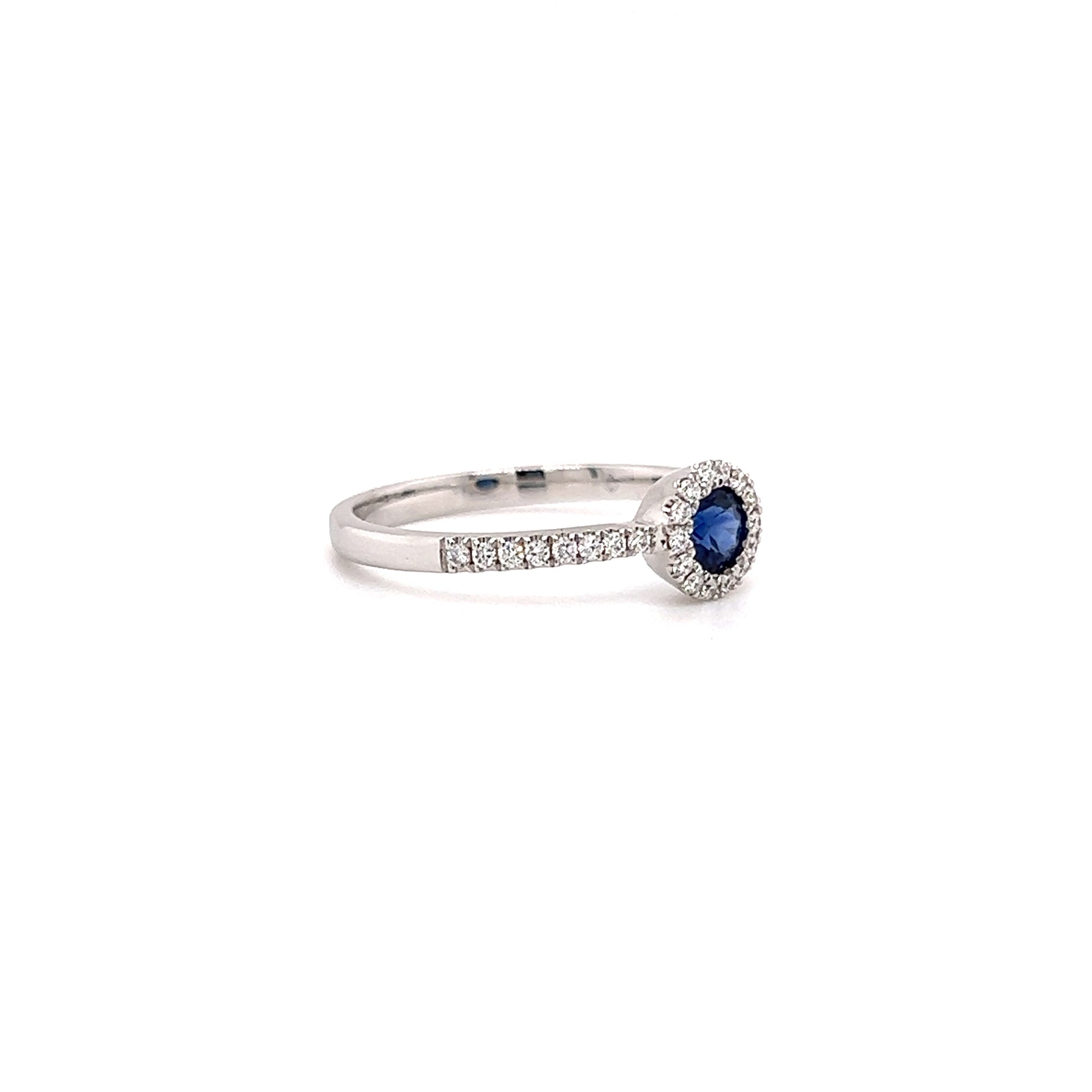 Sapphire Bezel Ring with Diamond Halo in 14K While Gold Left Side View