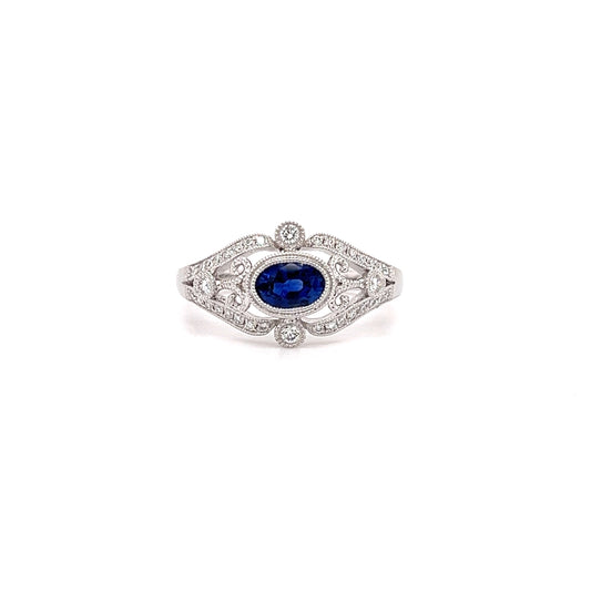 Oval Sapphire Ring with Side Diamonds and Filigree in 14K White Gold Front View