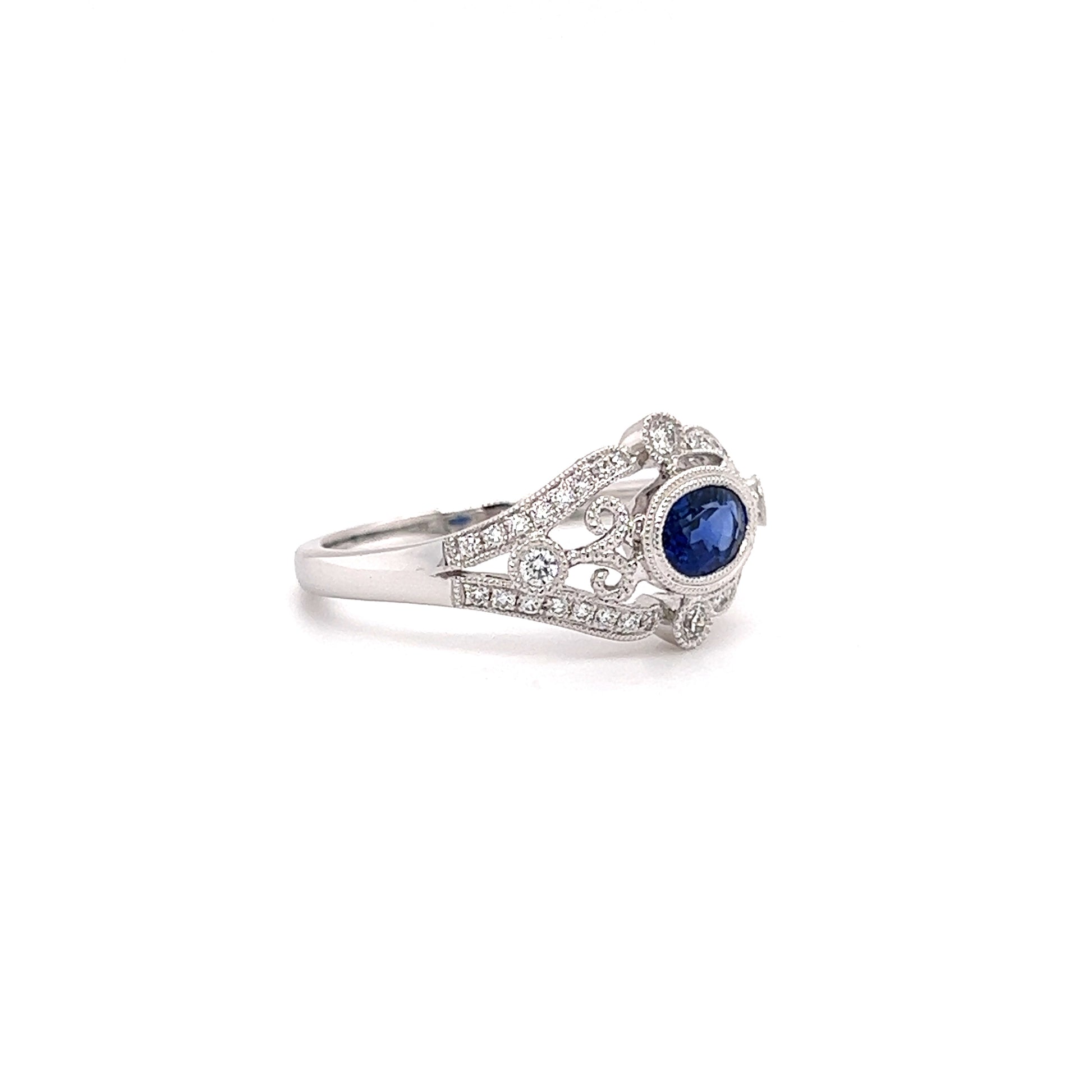 Oval Sapphire Ring with Side Diamonds and Filigree in 14K White Gold Left Side View