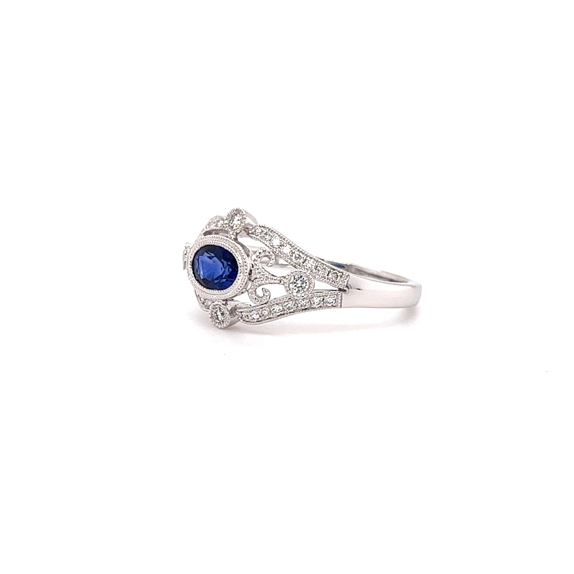 Oval Sapphire Ring with Side Diamonds and Filigree in 14K White Gold Right Side View