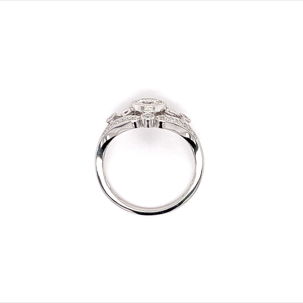 Round Diamond Ring with Side Diamonds and Filigree in 14K White Gold Top View