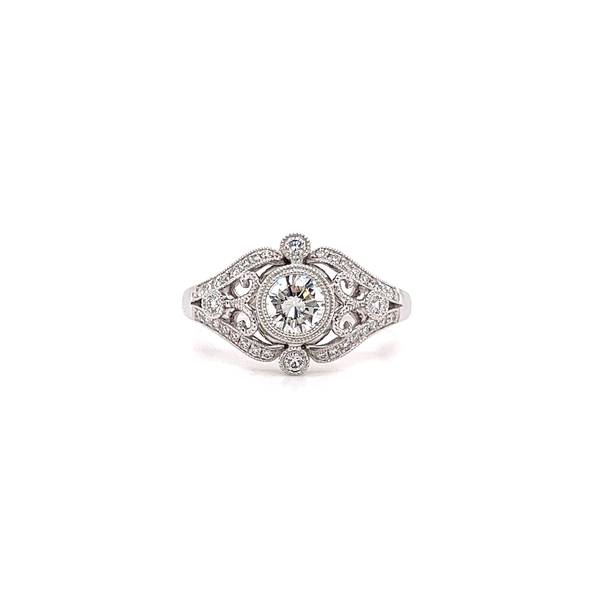 Round Diamond Ring with Side Diamonds and Filigree in 14K White Gold Front View