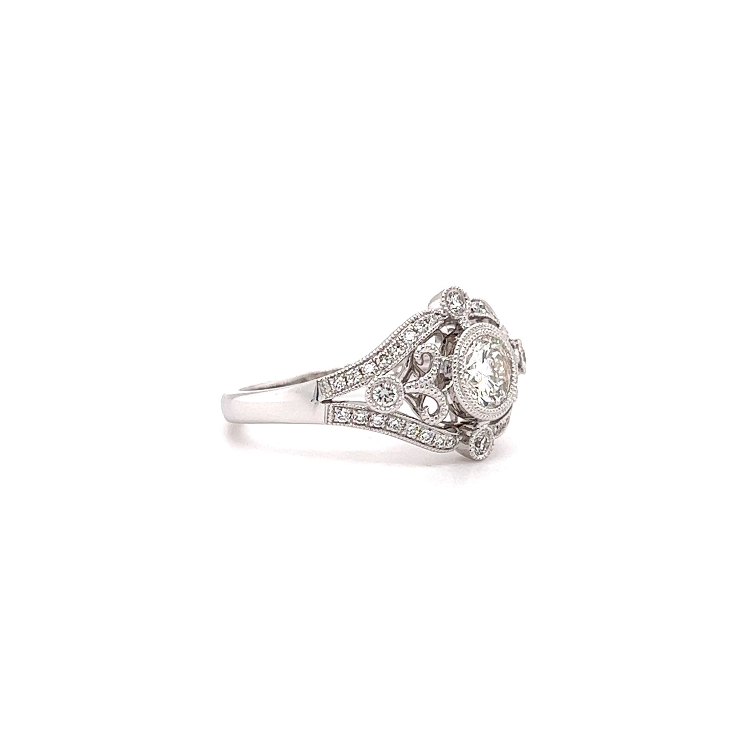 Round Diamond Ring with Side Diamonds and Filigree in 14K White Gold Left Side View