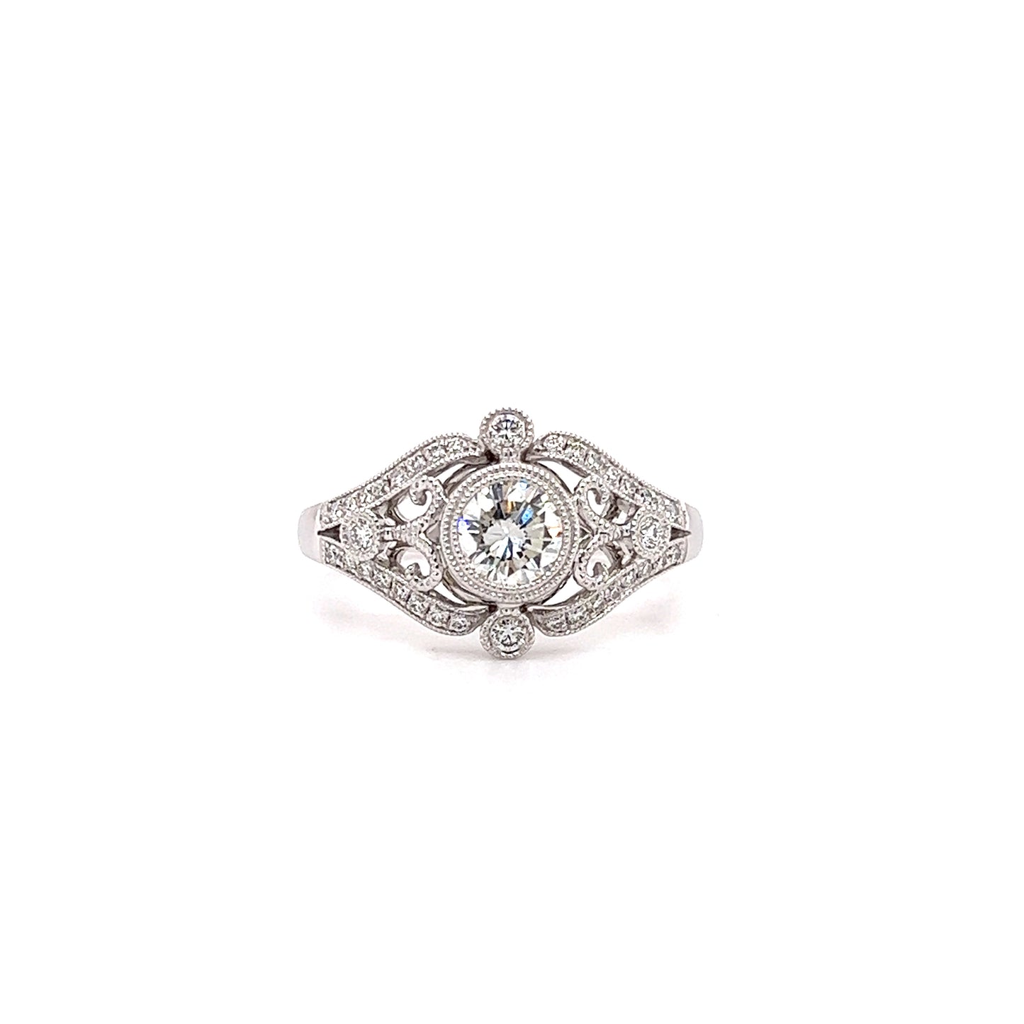 Round Diamond Ring with Side Diamonds and Filigree in 14K White Gold Front View Alternative