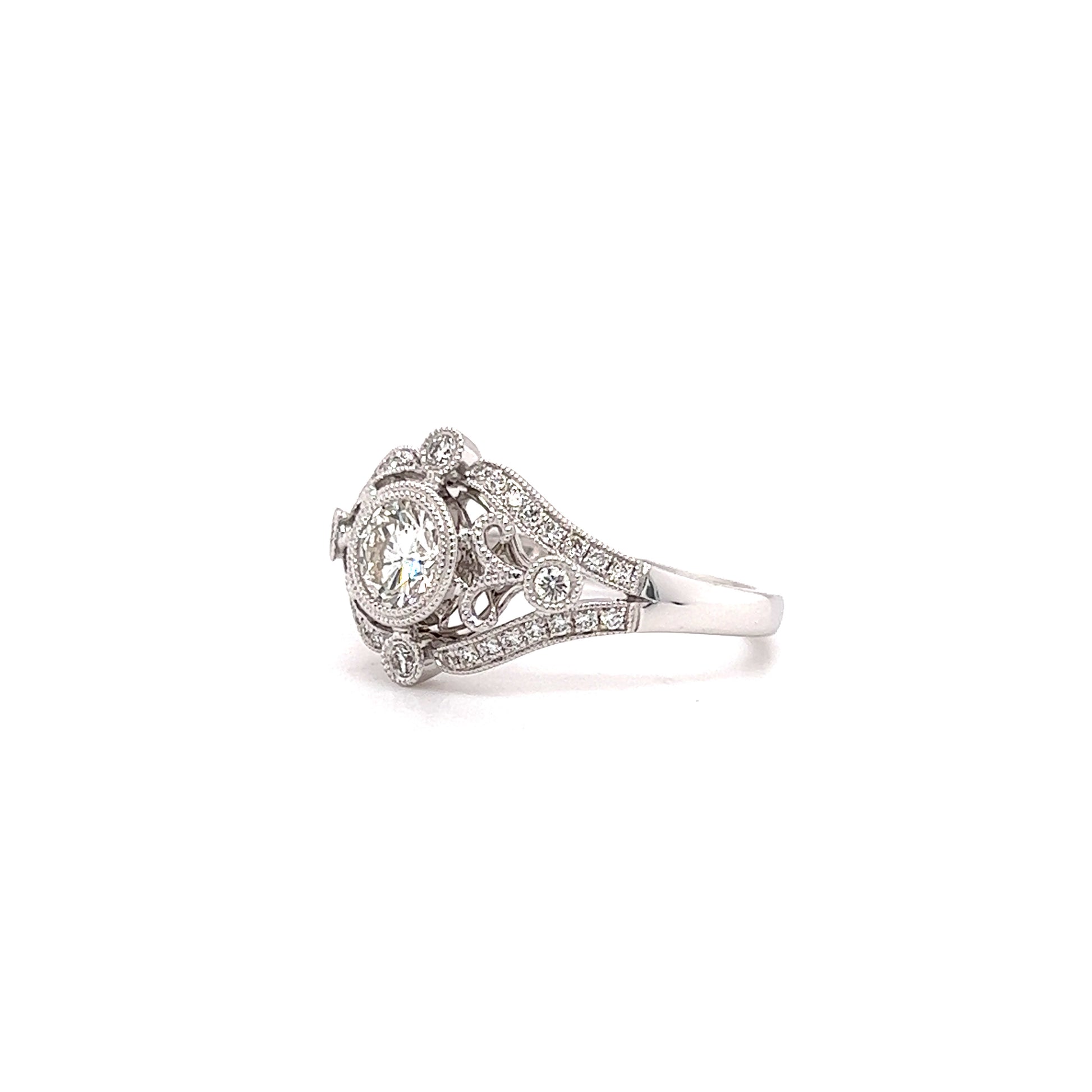 Round Diamond Ring with Side Diamonds and Filigree in 14K White Gold Right Side View