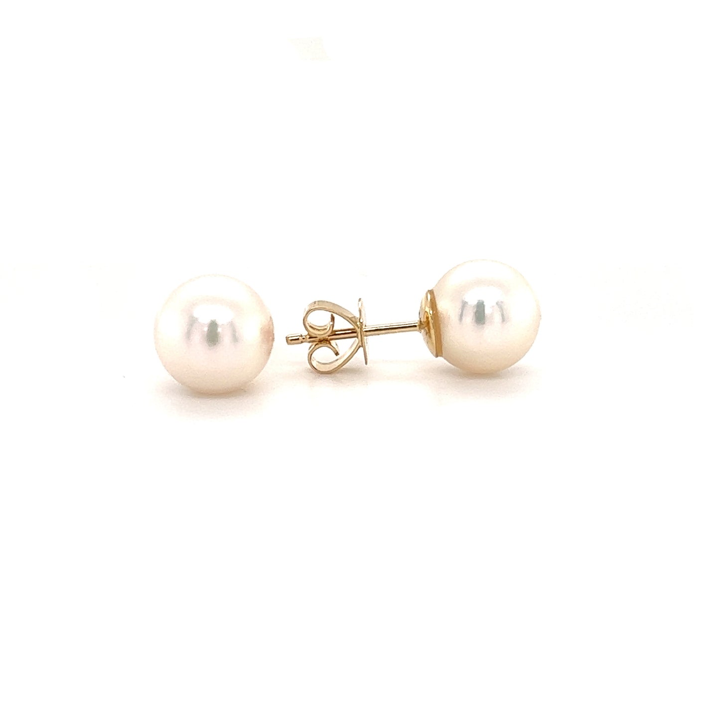 Pearl 8mm Stud Earrings in 14K Yellow Gold Front and Side View