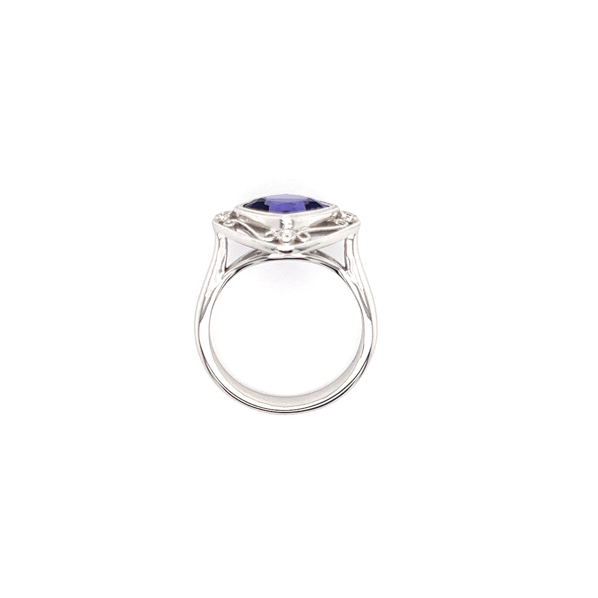 Tanzanite Cushion Ring with Four Side Diamonds in 14K White Gold Top View