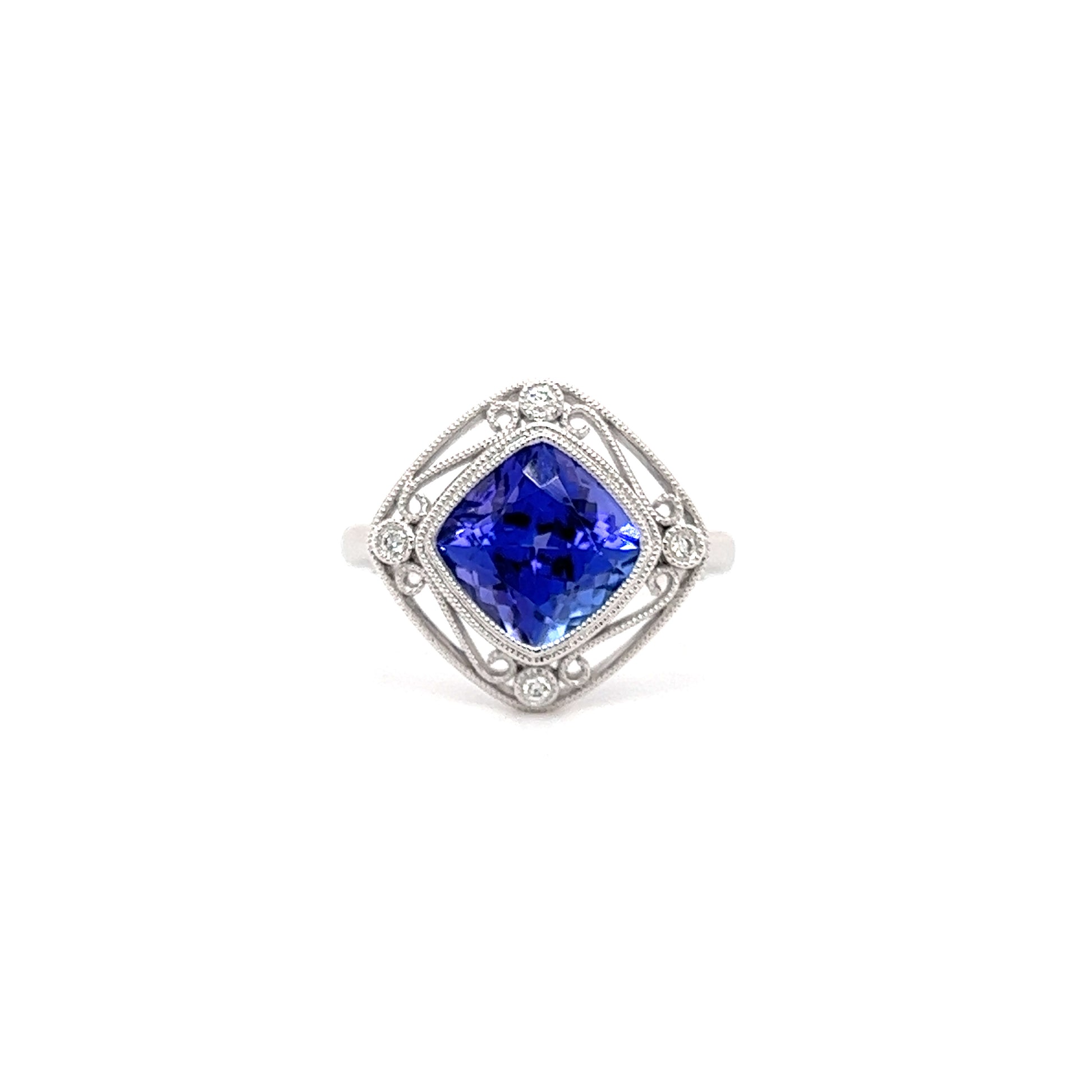 Tanzanite Cushion Ring with Four Side Diamonds in 14K White Gold Front View
