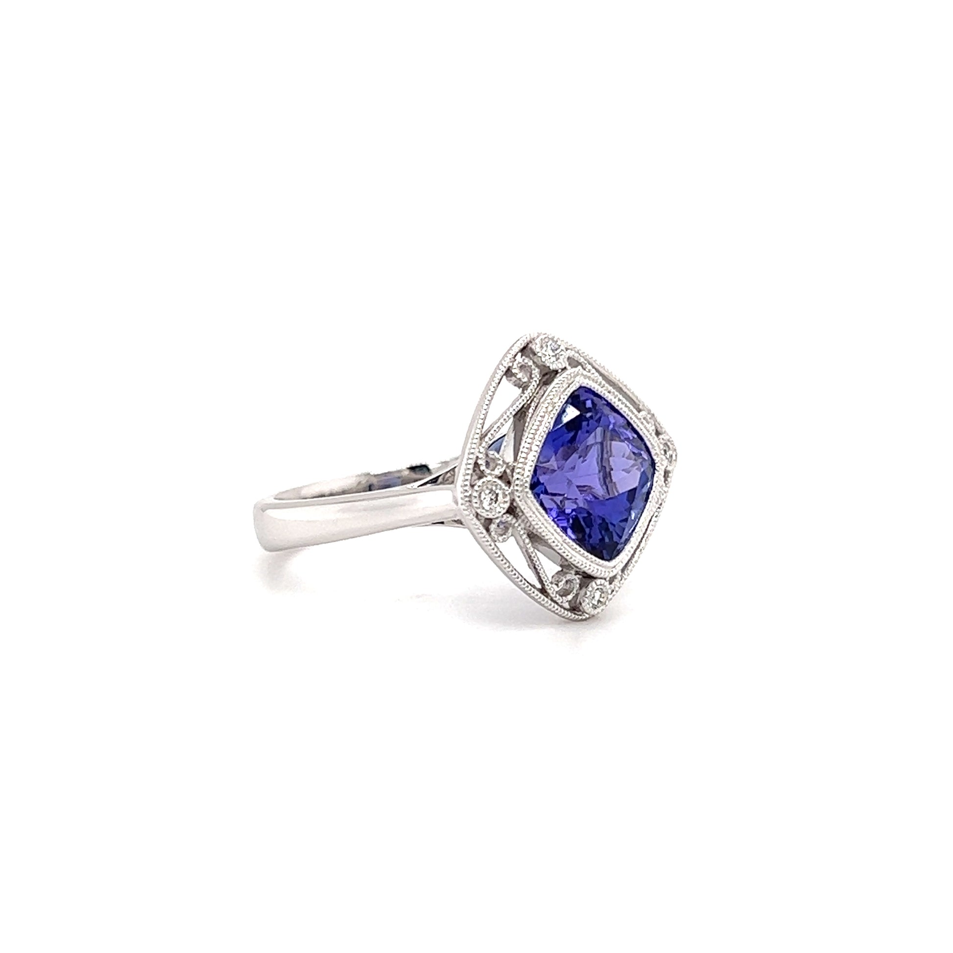 Tanzanite Cushion Ring with Four Side Diamonds in 14K White Gold Left Side View