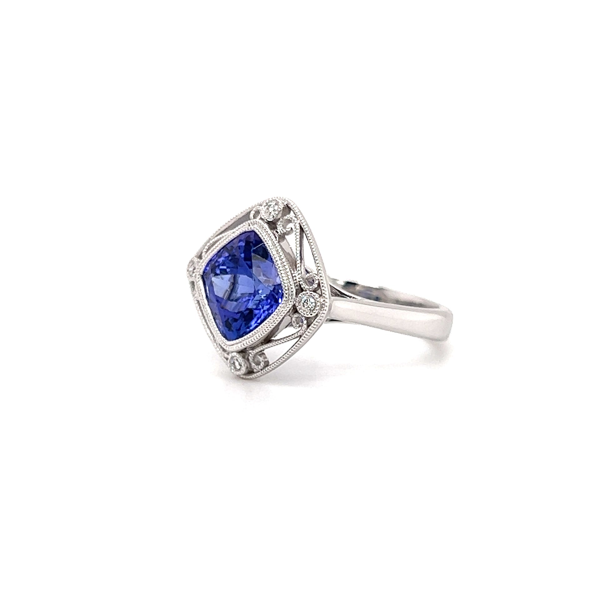Tanzanite Cushion Ring with Four Side Diamonds in 14K White Gold Right Side View