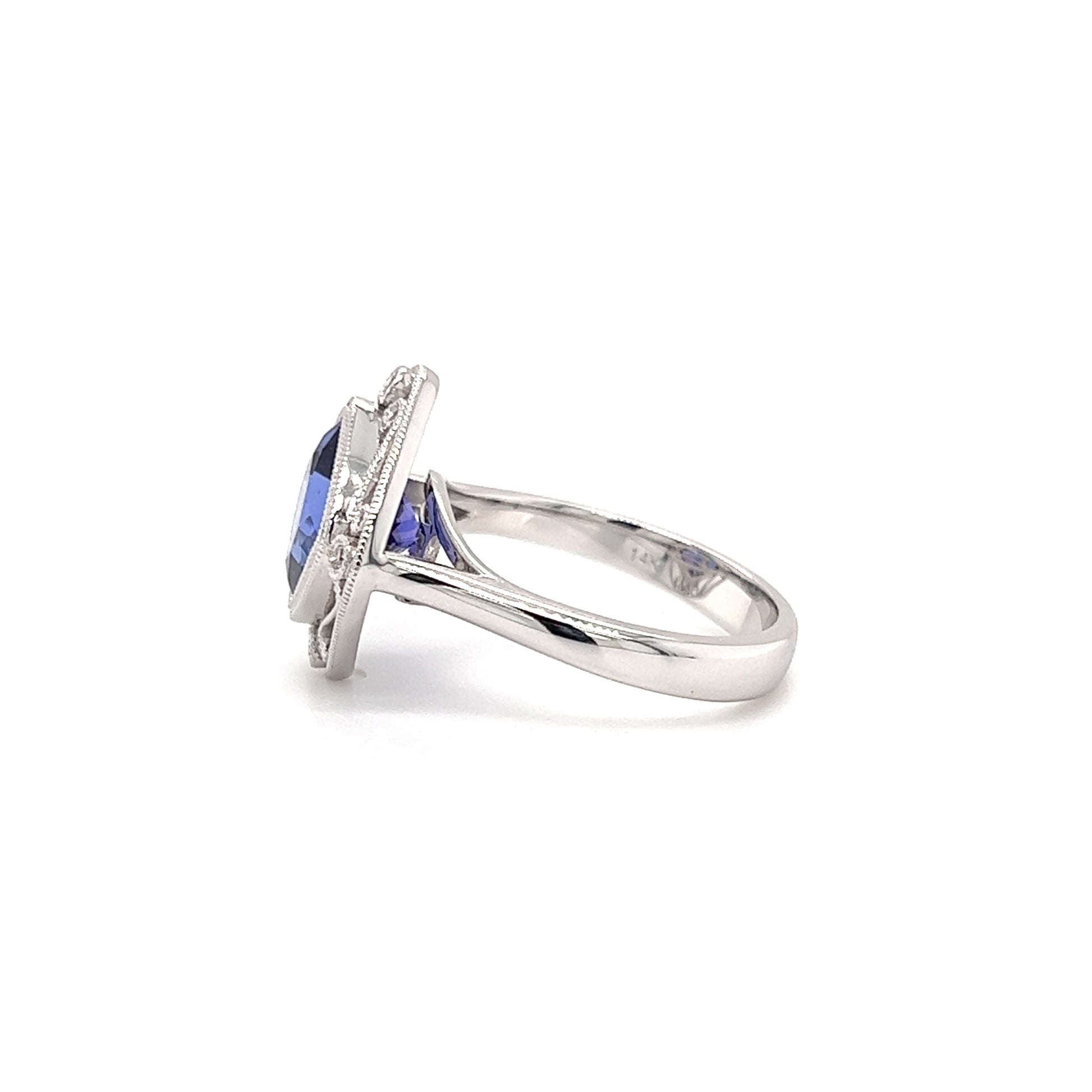 Tanzanite Cushion Ring with Four Side Diamonds in 14K White Gold Profile View