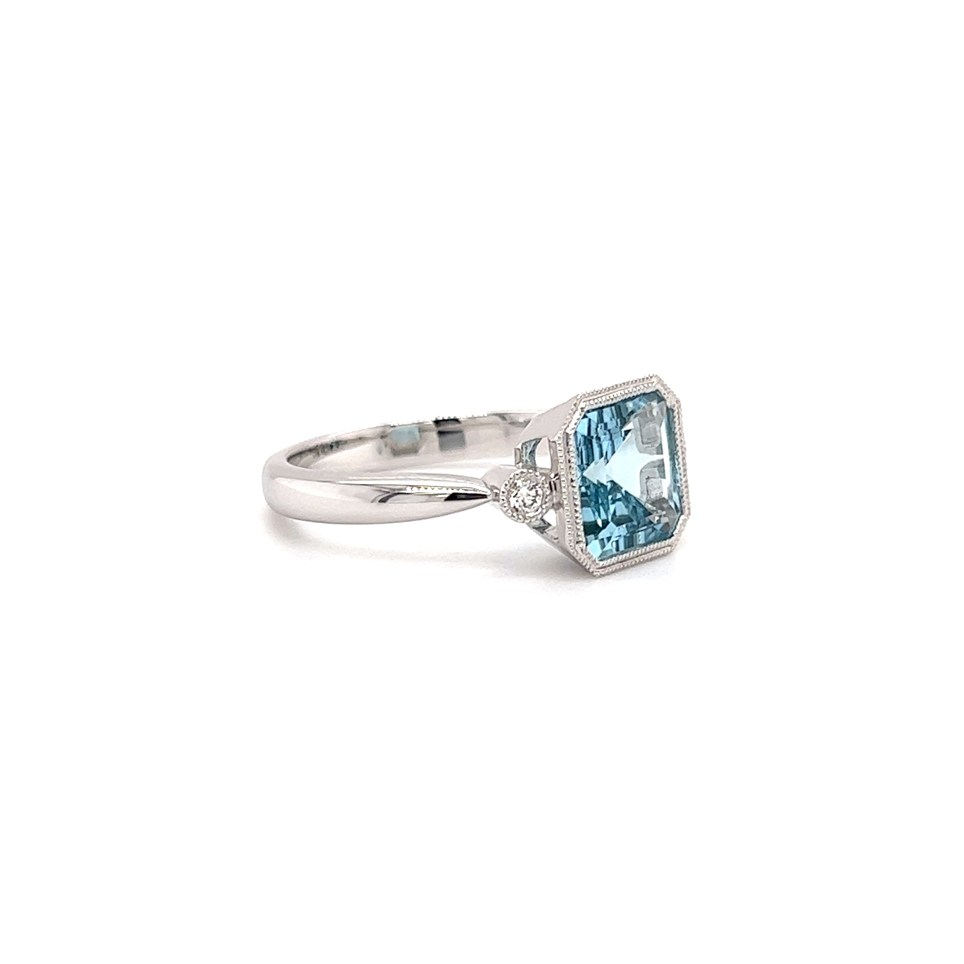 Asscher Aquamarine Ring with Two Side Diamonds in 14K White GoldLeft Side View