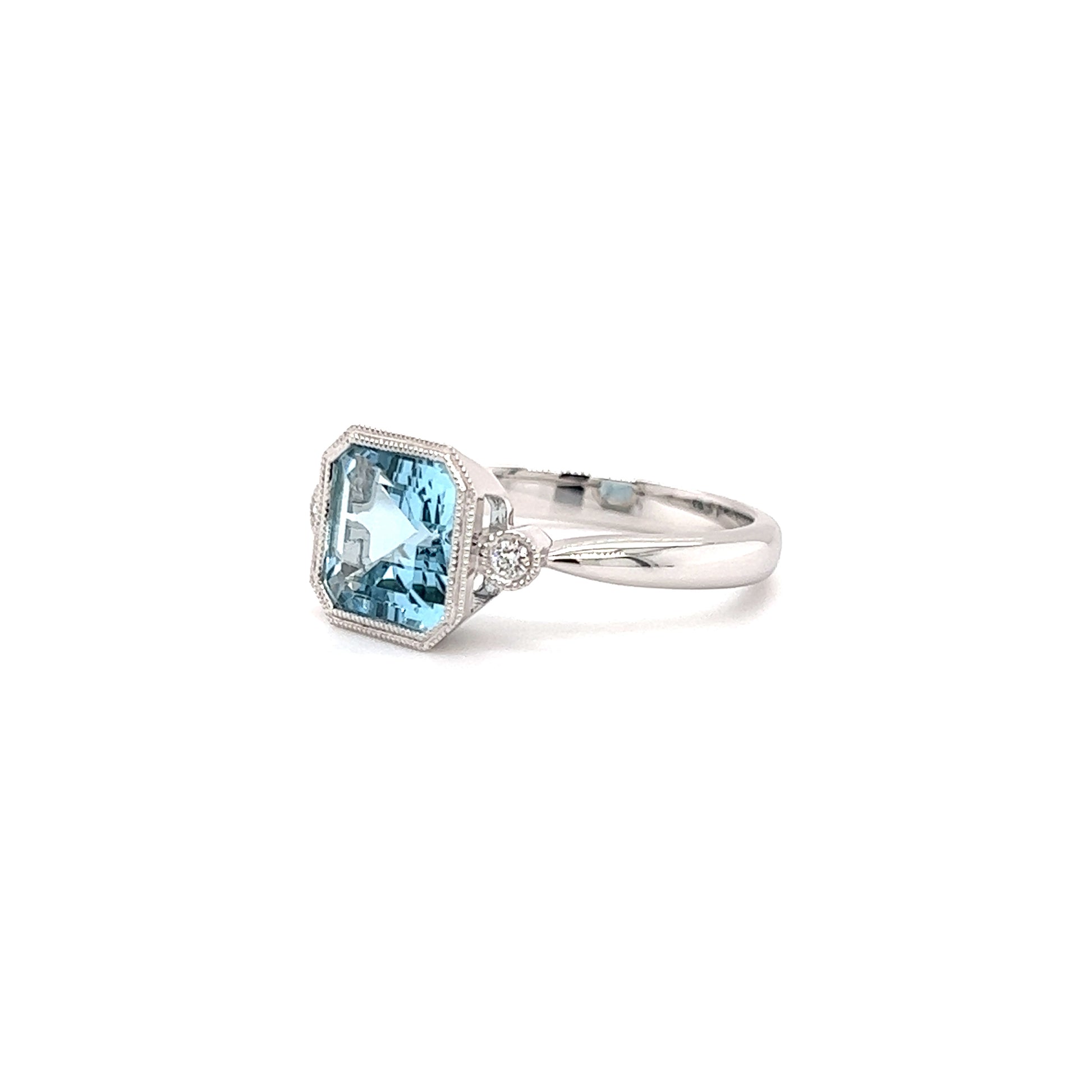 Asscher Aquamarine Ring with Two Side Diamonds in 14K White GoldRight Side View