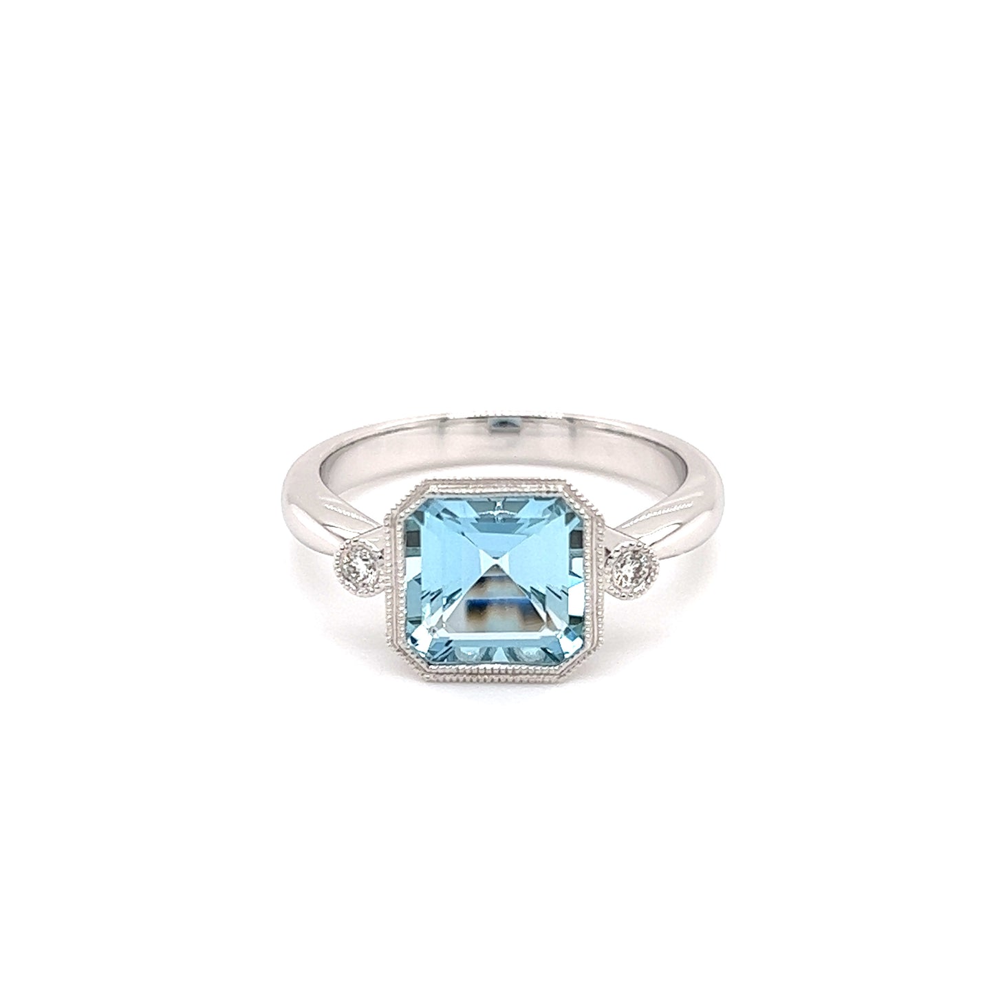 Asscher Aquamarine Ring with Two Side Diamonds in 14K White Gold Front View