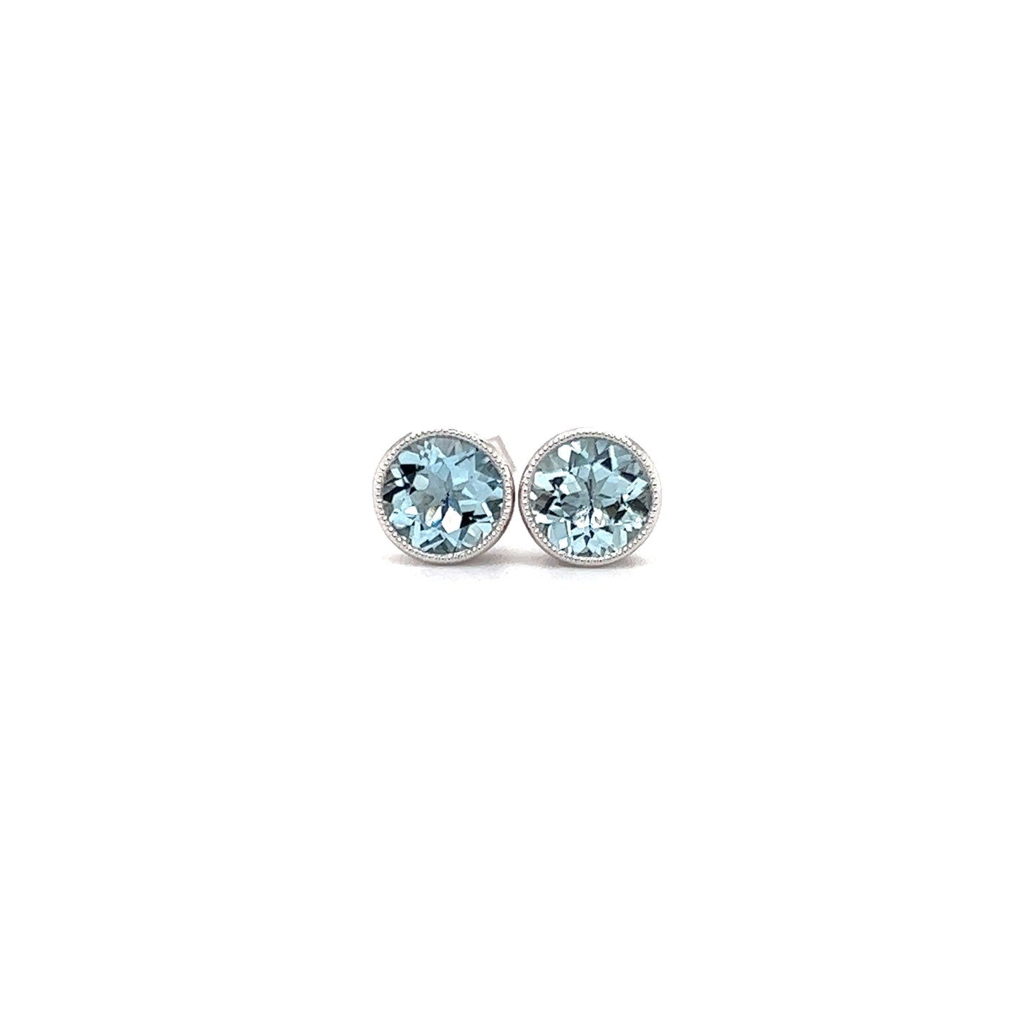 Aquamarine Stud Earrings with Filigree and Milgrain Details in 14K White Gold Front View