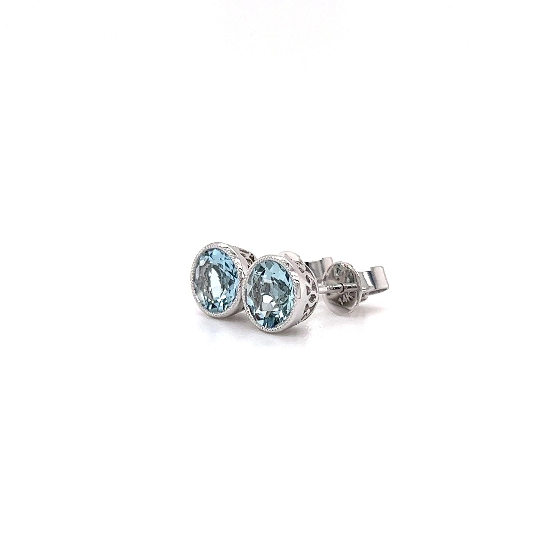 Aquamarine Stud Earrings with Filigree and Milgrain Details in 14K White Gold Right Side View