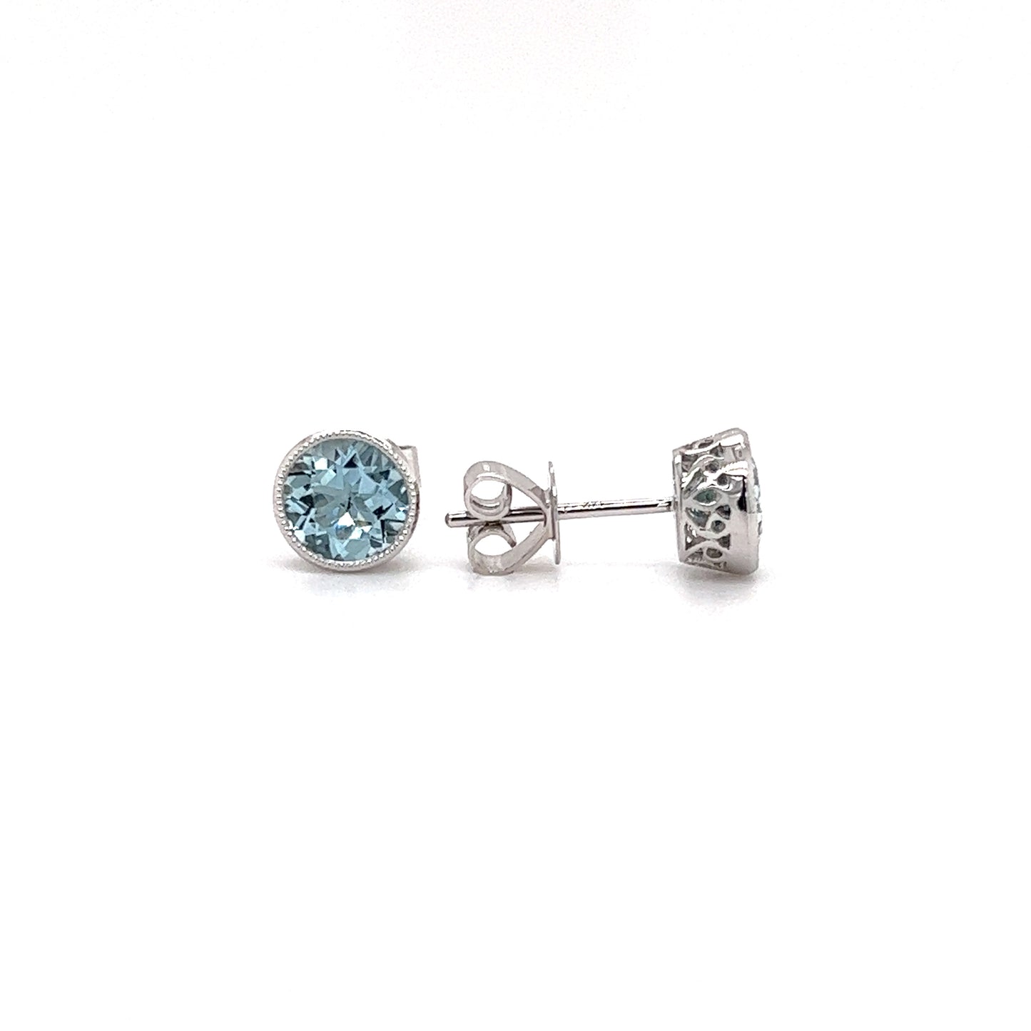Aquamarine Stud Earrings with Filigree and Milgrain Details in 14K White Gold Front and Side View