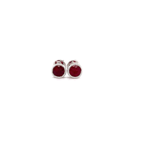 Round Ruby Stud Earrings with Filigree and Milgrain Details in 14K White Gold Front View