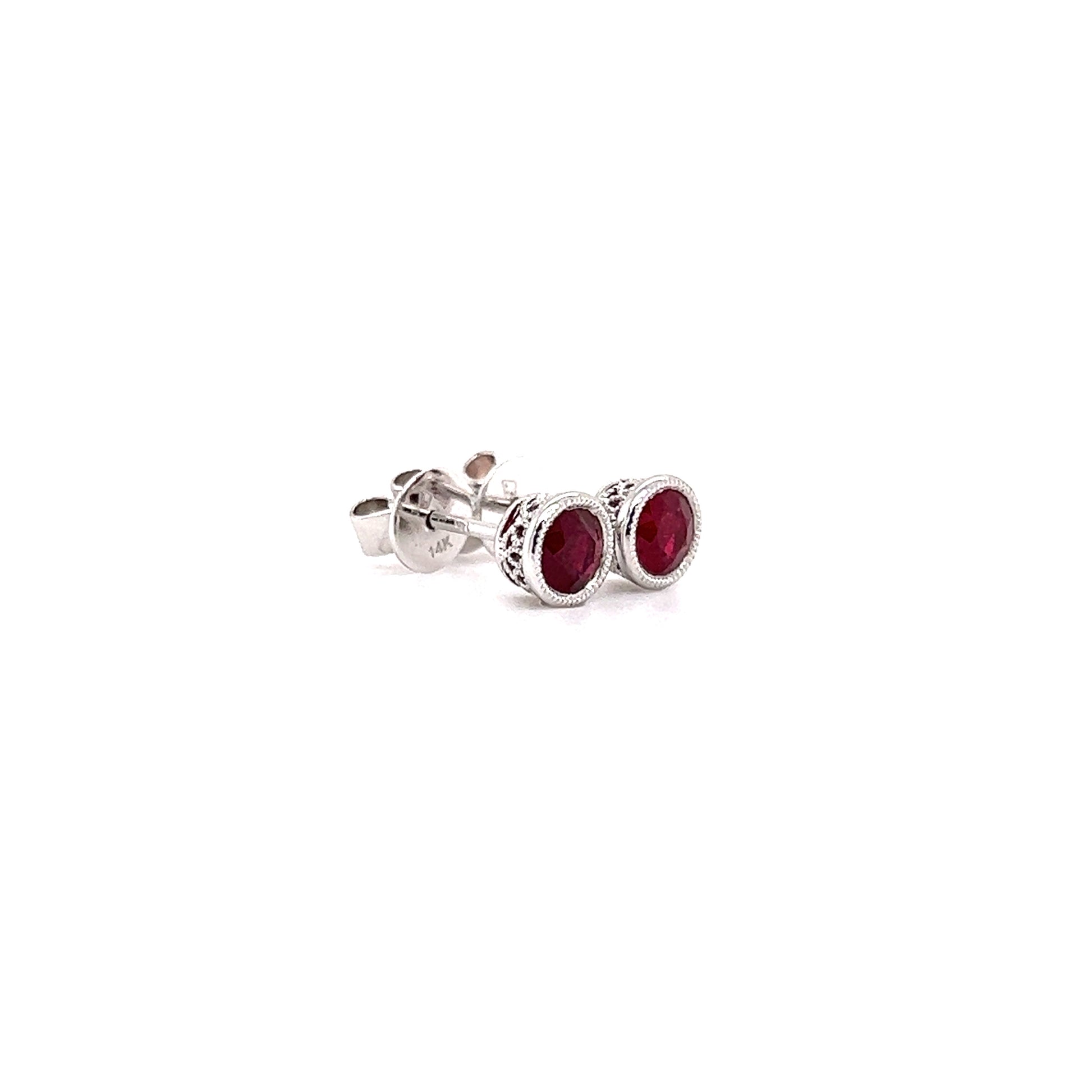 Round Ruby Stud Earrings with Filigree and Milgrain Details in 14K White Gold Left Side View