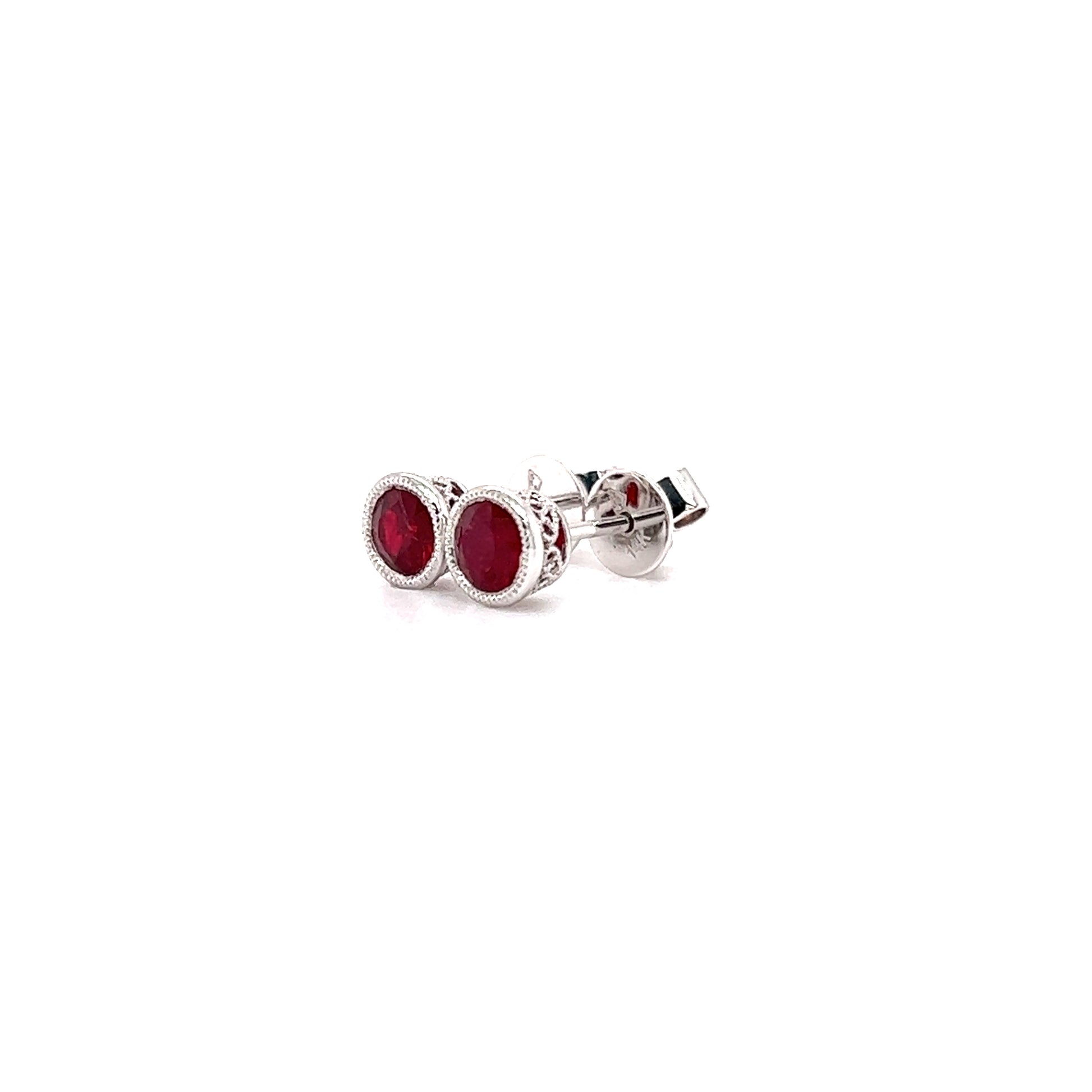 Round Ruby Stud Earrings with Filigree and Milgrain Details in 14K White Gold Right Side View
