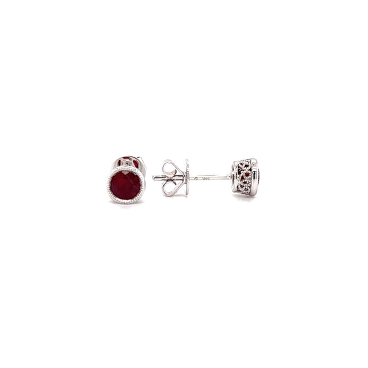 Round Ruby Stud Earrings with Filigree and Milgrain Details in 14K White Gold Front and Side View